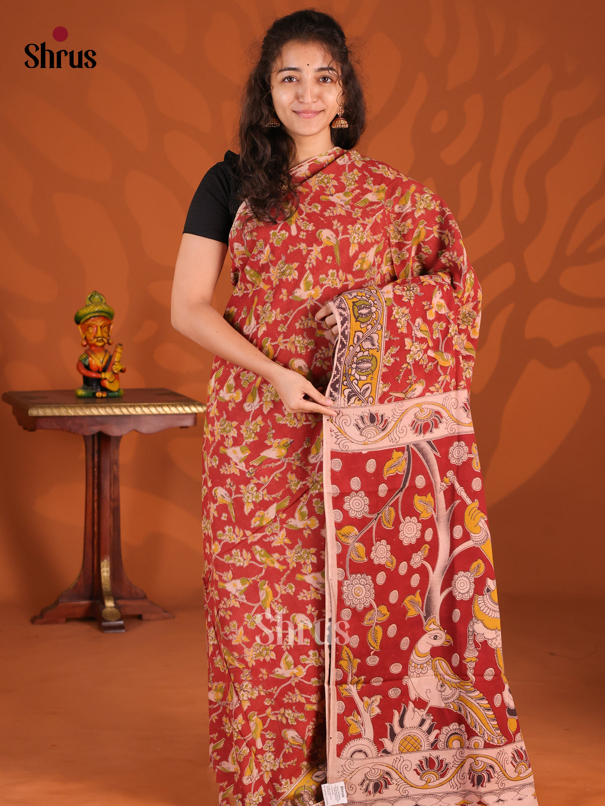 Red & Cream- kalamkari-cotton Saree - Shop on Shrus.com