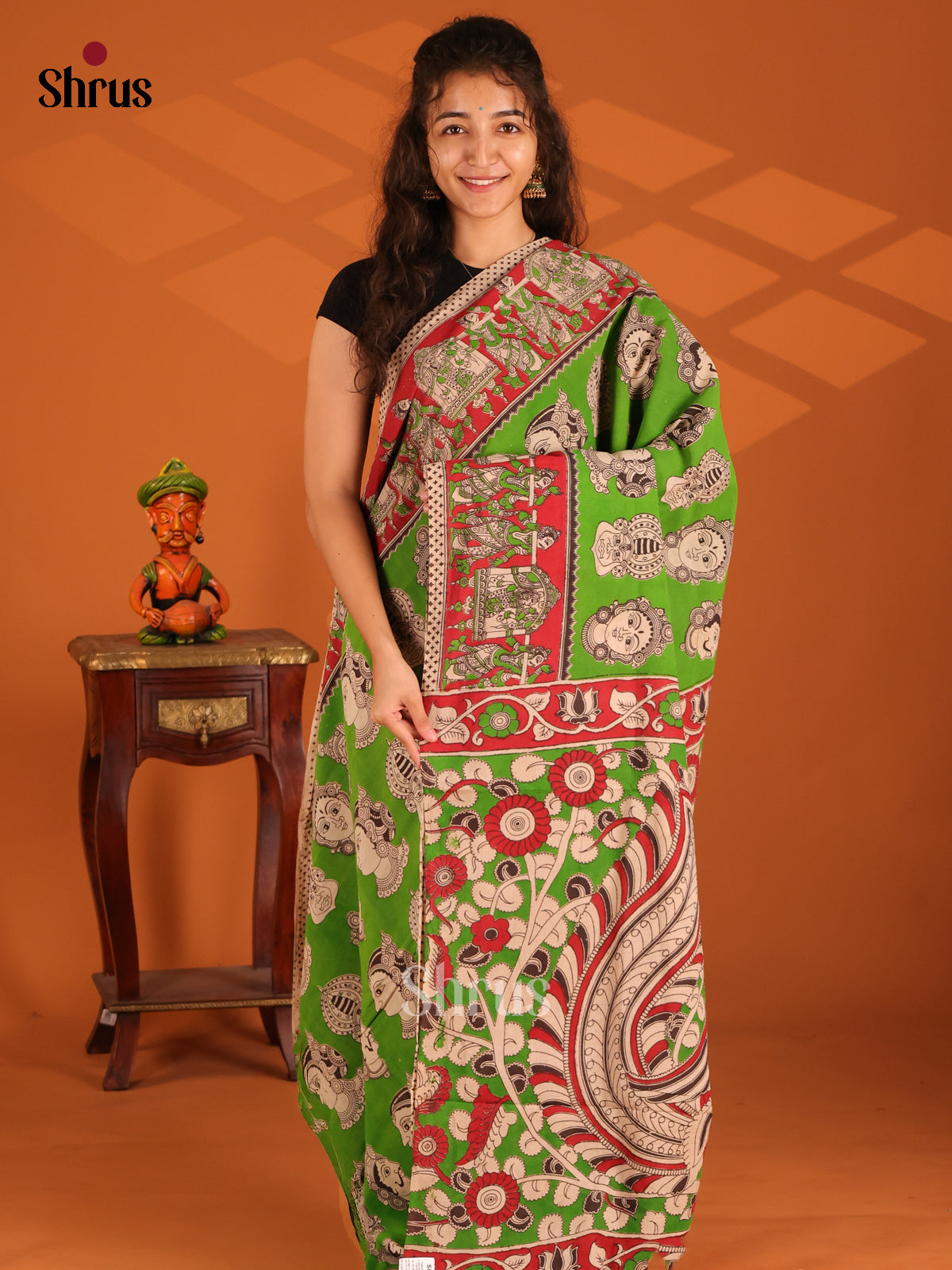 Lite Green & Red - Kalamkari cotton saree - Shop on Shrus.com