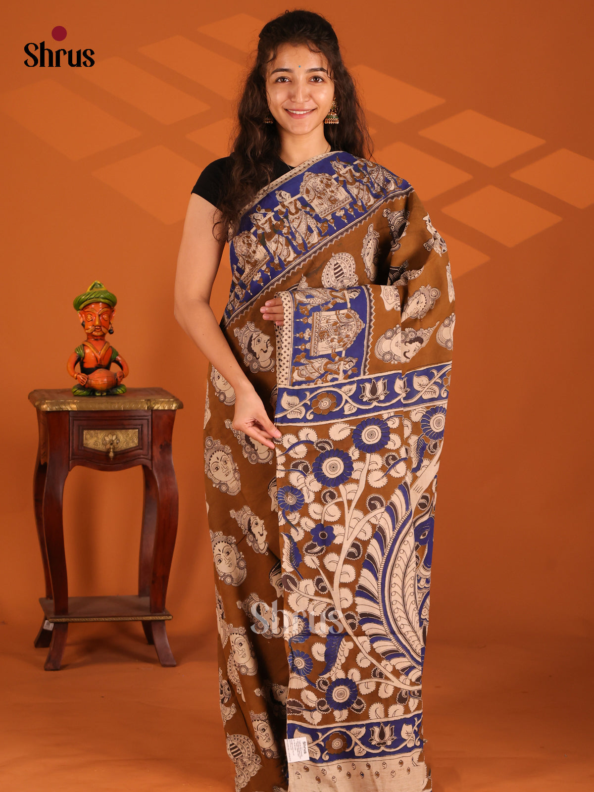 Brown & Blue - Kalamkari cotton saree - Shop on Shrus.com