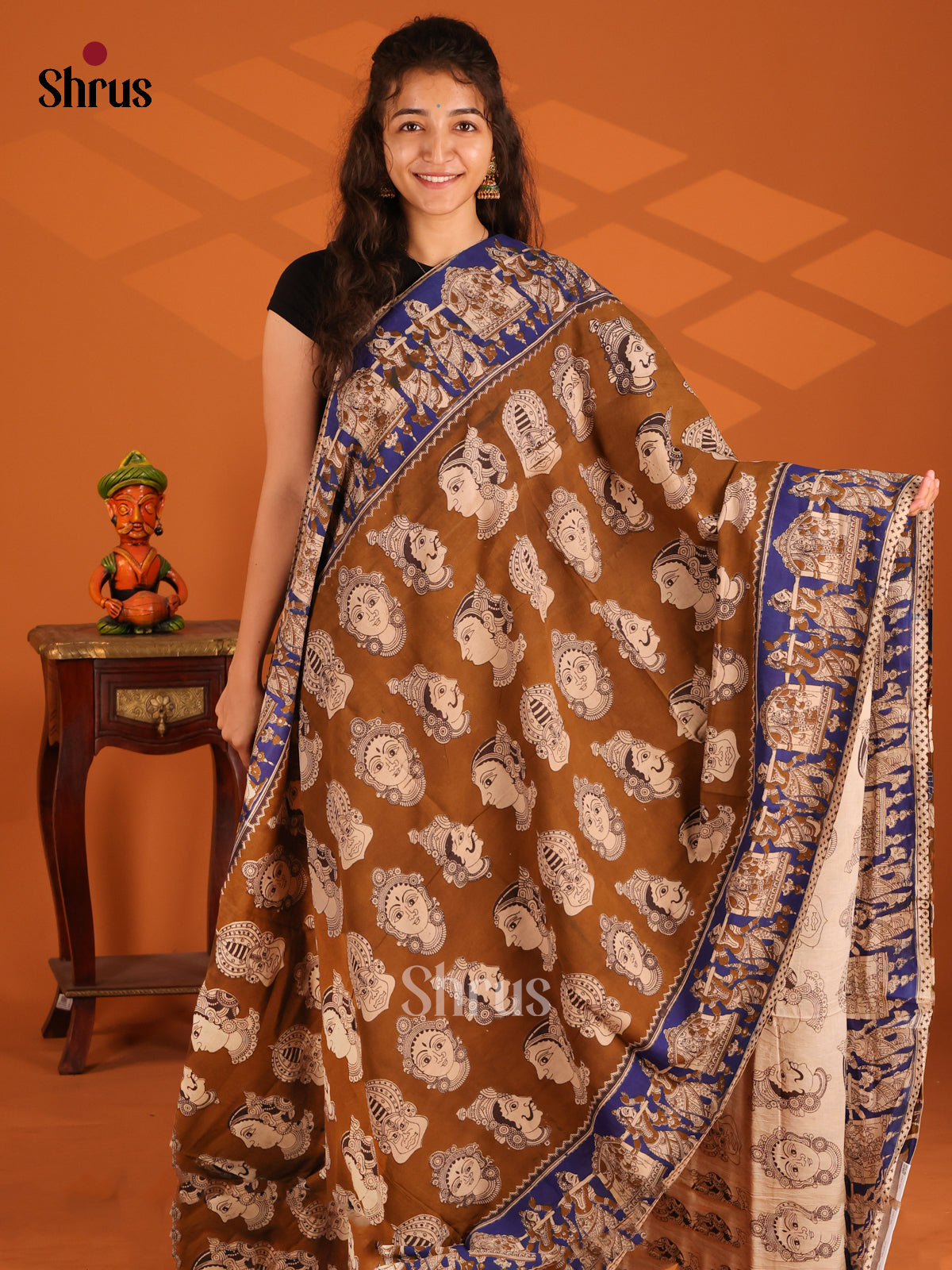 Brown & Blue - Kalamkari cotton saree - Shop on Shrus.com