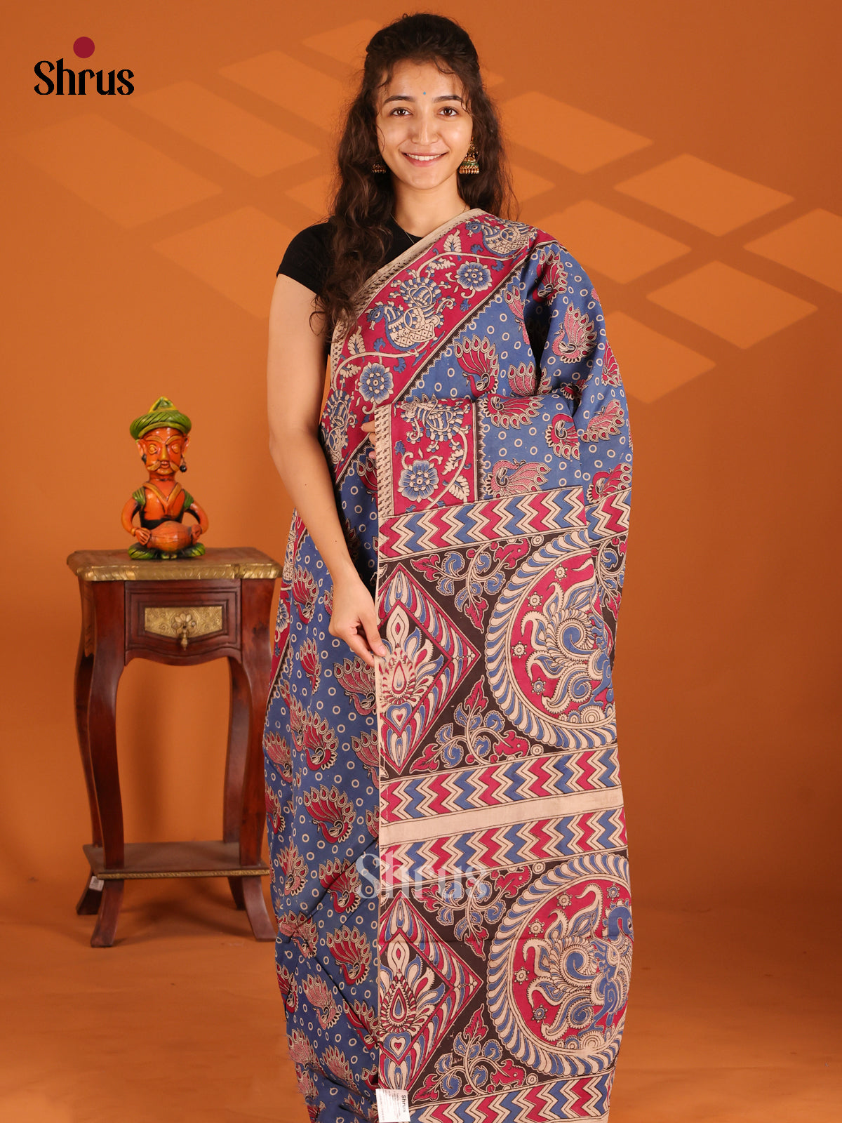 Blue & Red - Kalamkari cotton saree - Shop on Shrus.com