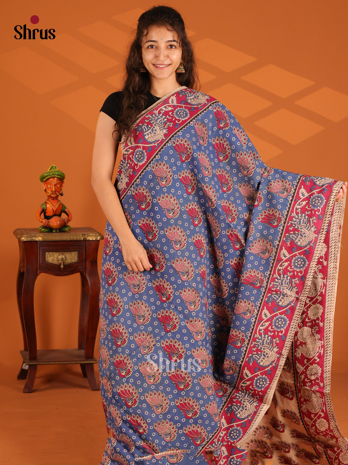 Blue & Red - Kalamkari cotton saree - Shop on Shrus.com