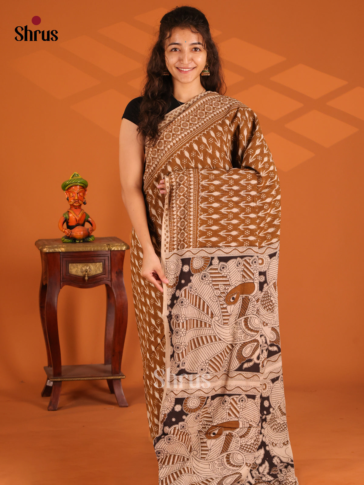 Brown & Black - Kalamkari cotton saree - Shop on Shrus.com