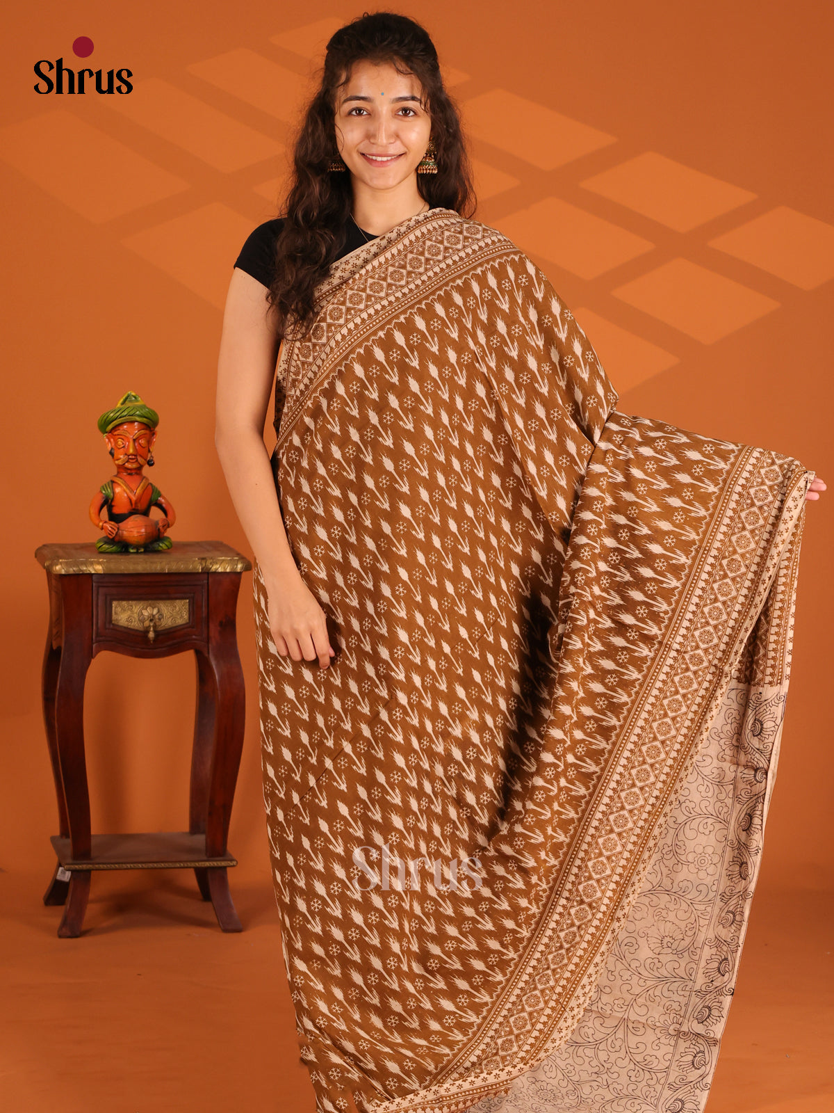 Brown & Black - Kalamkari cotton saree - Shop on Shrus.com