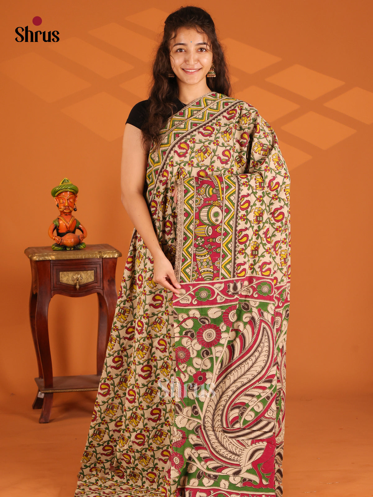 Cream & Green - Kalamkari cotton saree - Shop on Shrus.com