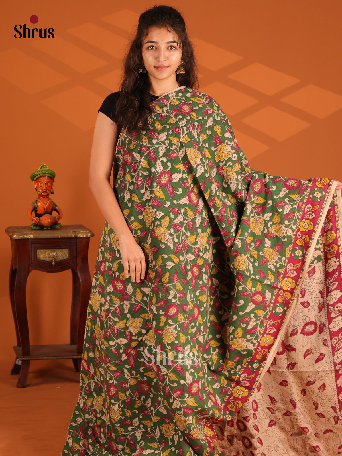 Green & Cream - Kalamkari cotton saree - Shop on Shrus.com