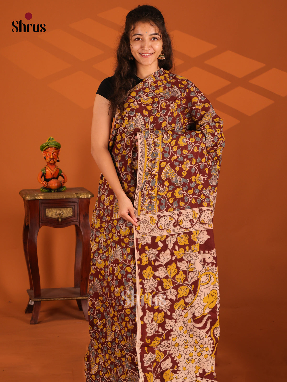 Maroon & Yellow - Kalamkari cotton saree - Shop on Shrus.com
