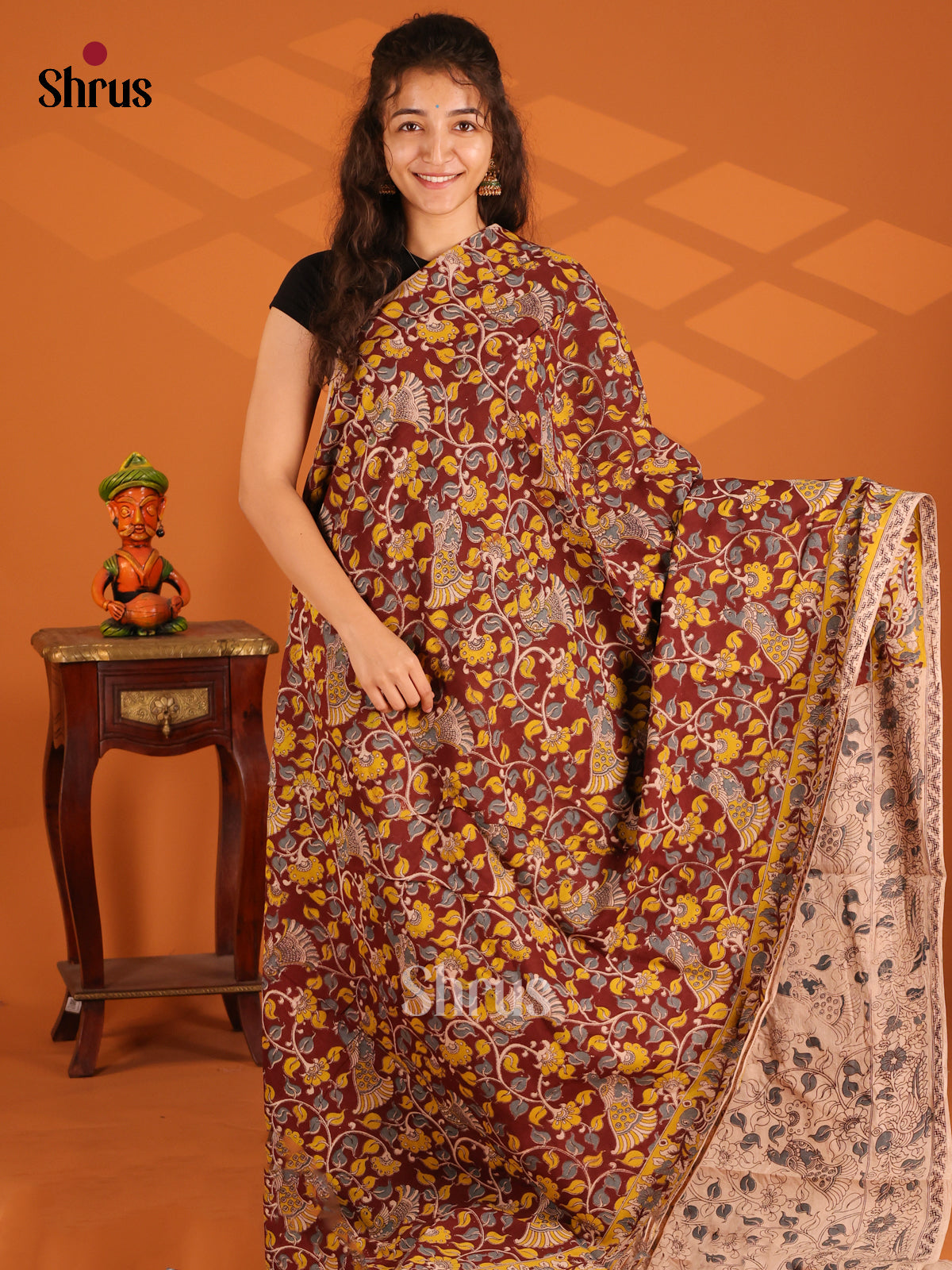 Maroon & Yellow - Kalamkari cotton saree - Shop on Shrus.com