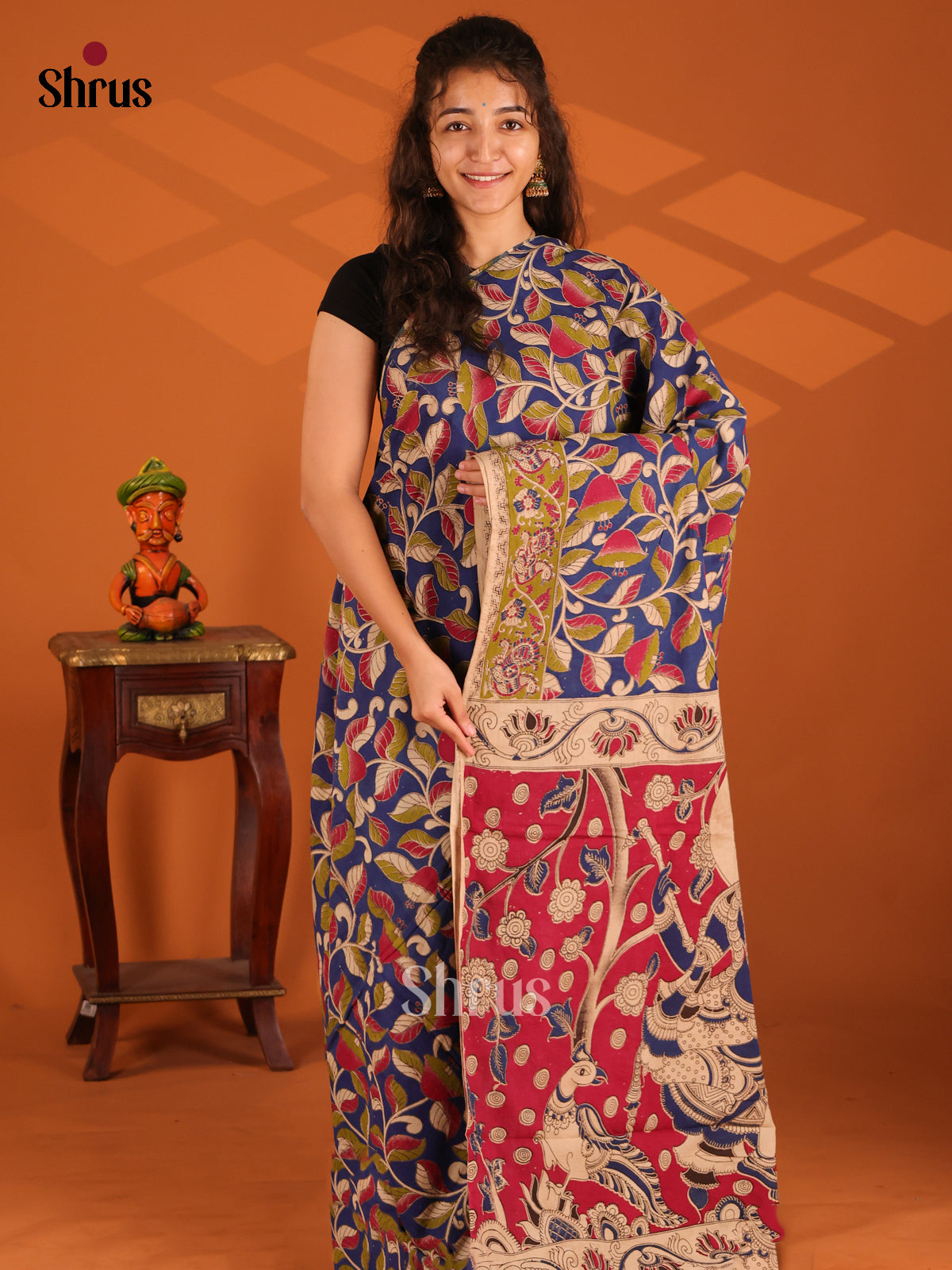 Blue & Red - Kalamkari cotton saree - Shop on Shrus.com