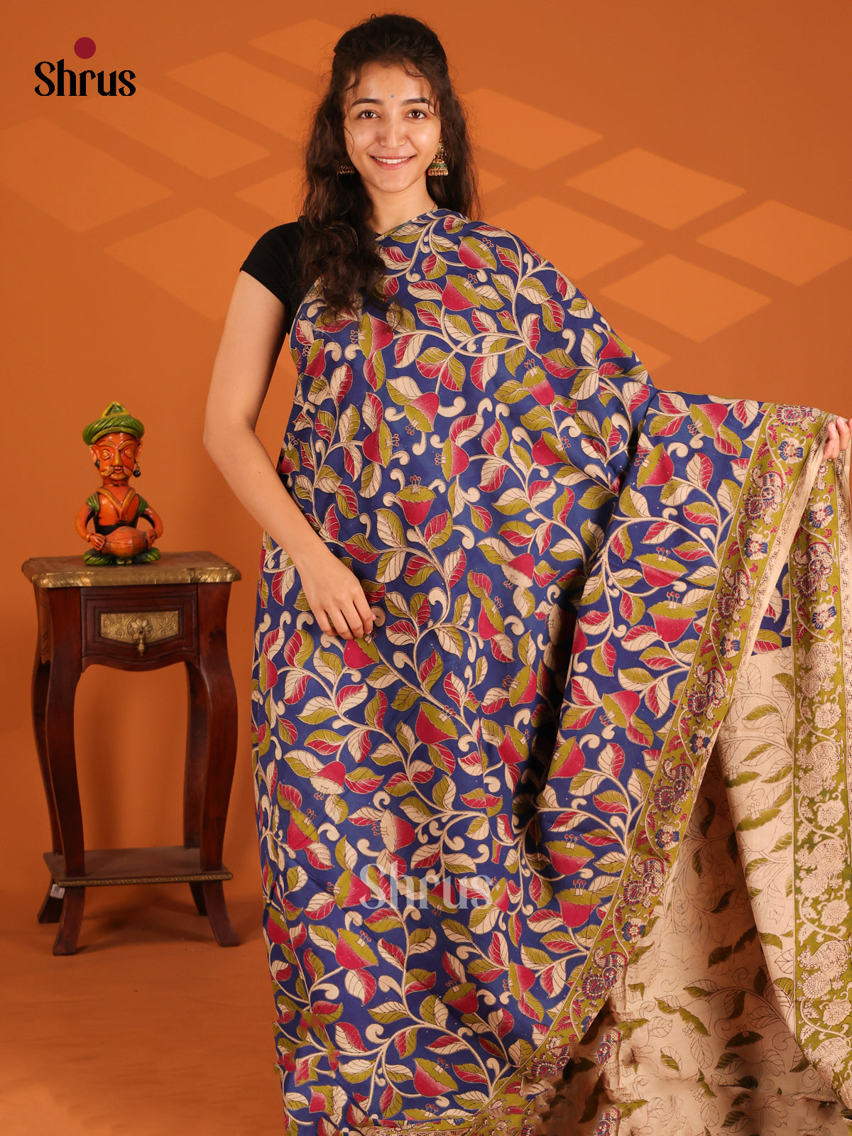 Blue & Red - Kalamkari cotton saree - Shop on Shrus.com