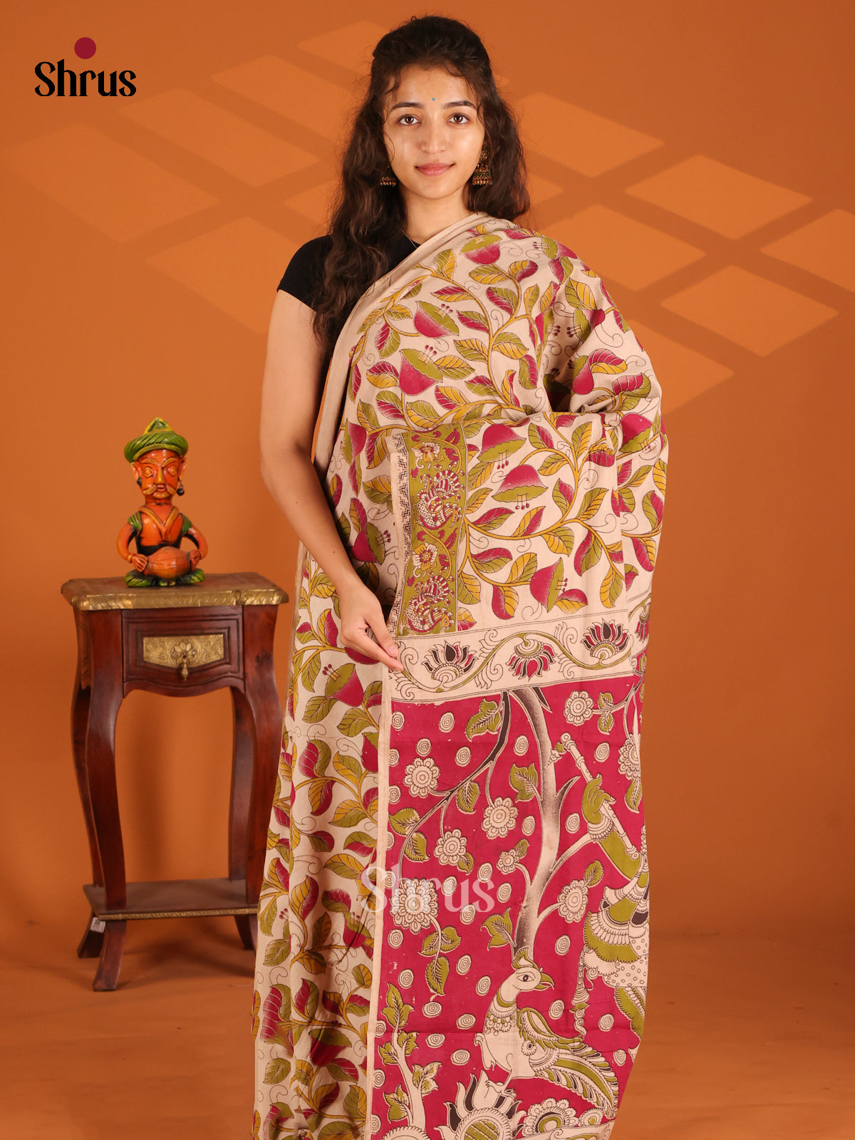 Cream & Green - Kalamkari cotton saree - Shop on Shrus.com