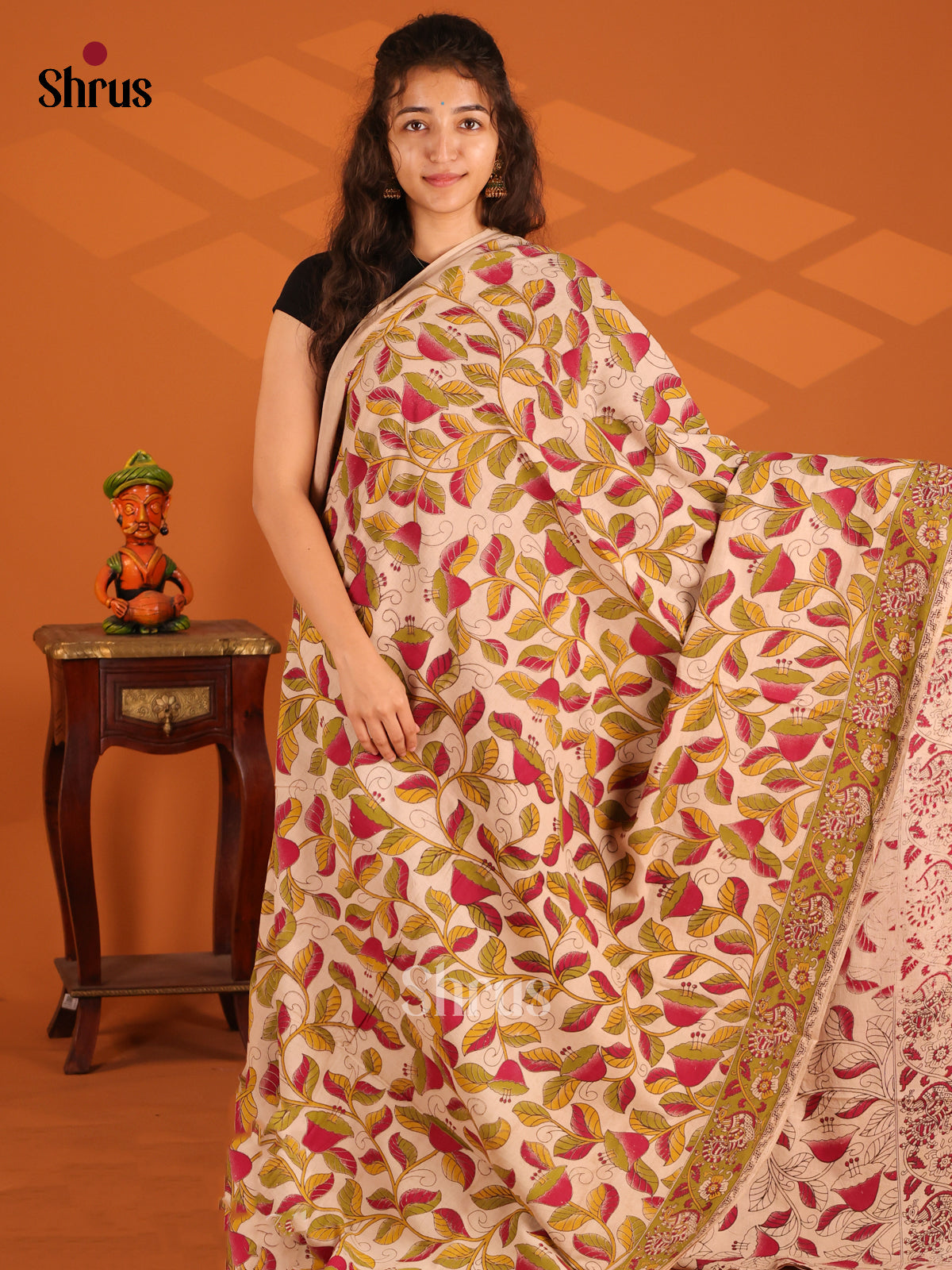 Cream & Green - Kalamkari cotton saree - Shop on Shrus.com
