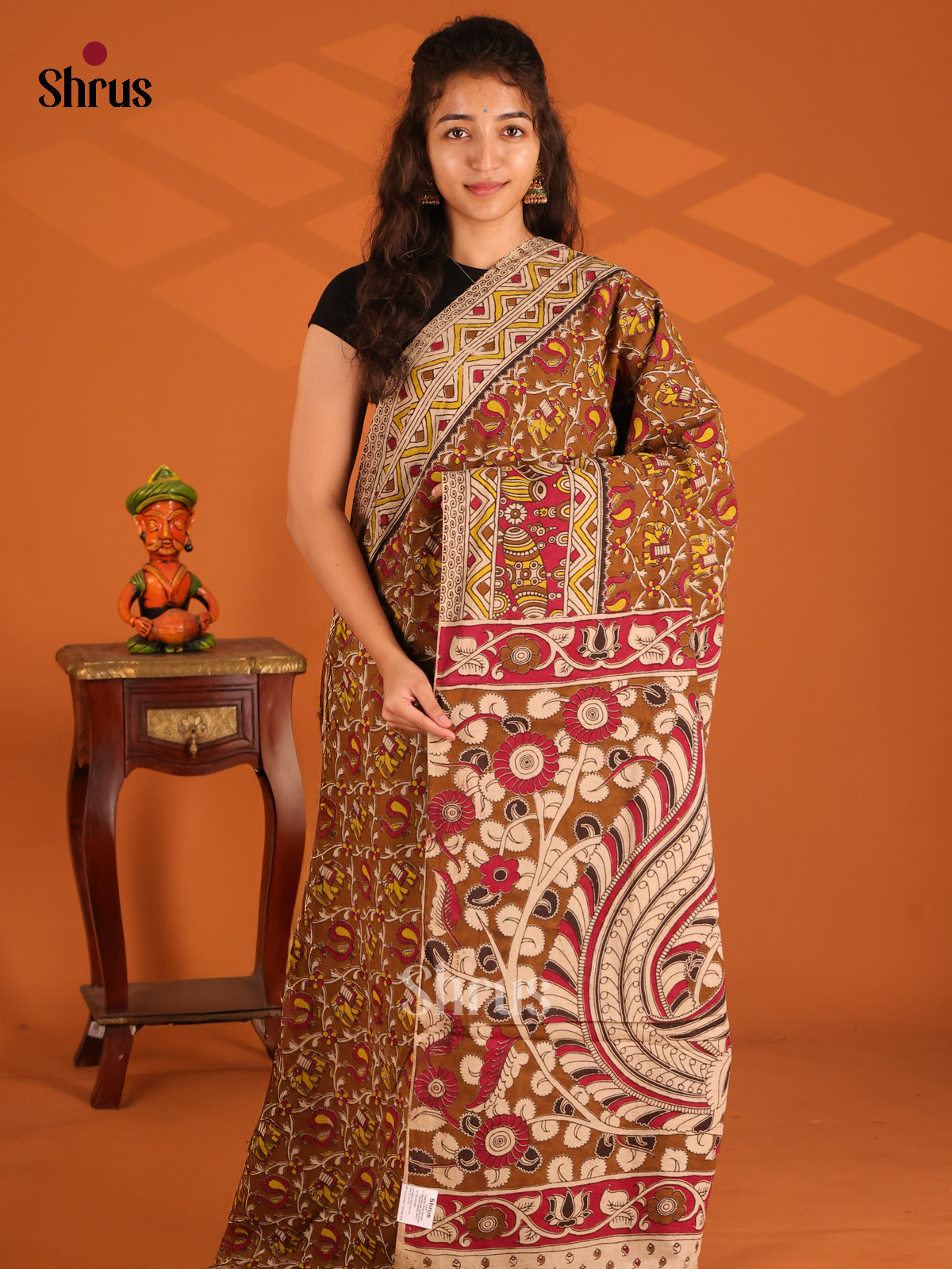 Brown & Red - Kalamkari cotton saree - Shop on Shrus.com