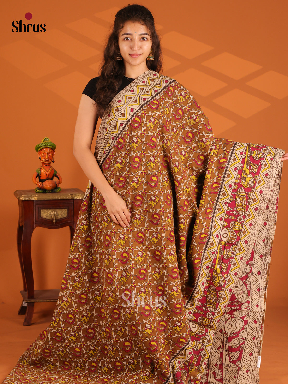 Brown & Red - Kalamkari cotton saree - Shop on Shrus.com