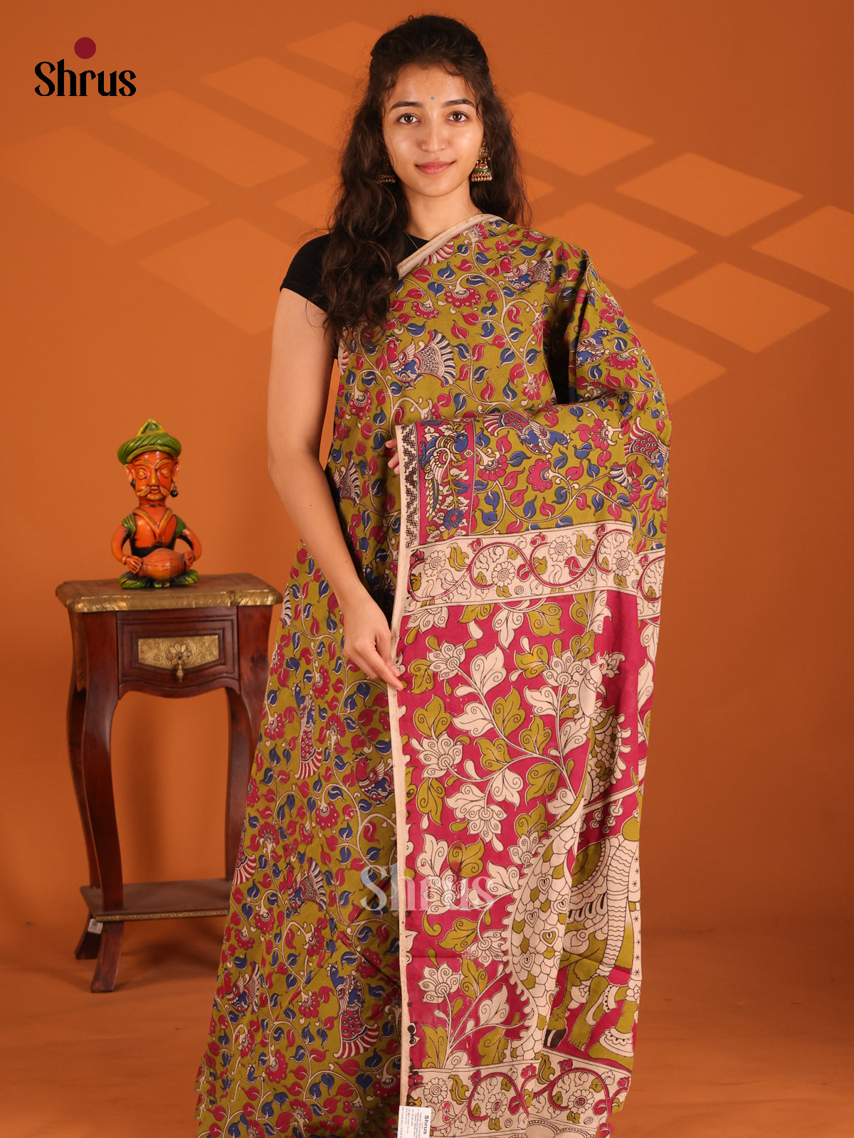 Green & Cream - Kalamkari cotton saree - Shop on Shrus.com