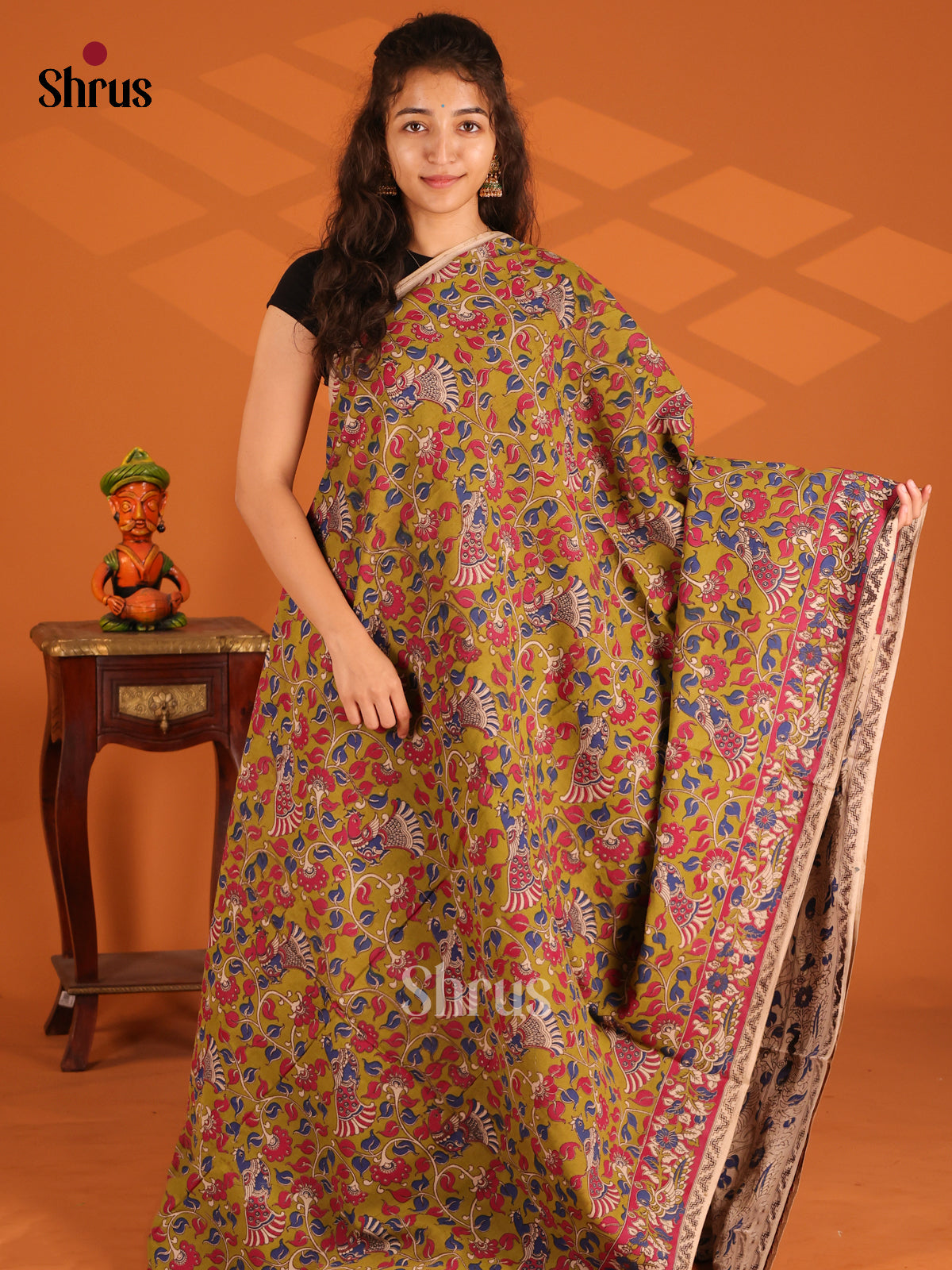 Green & Cream - Kalamkari cotton saree - Shop on Shrus.com
