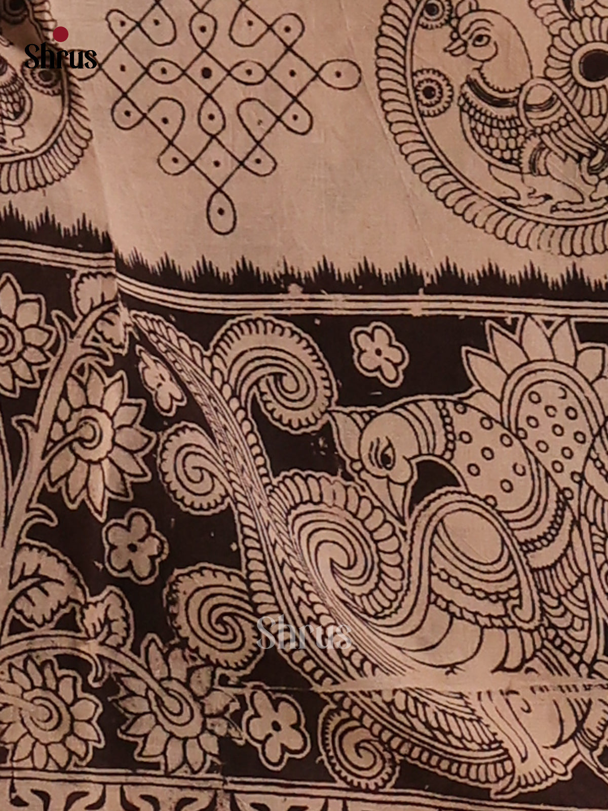 Cream & Black - Kalamkari cotton saree - Shop on Shrus.com