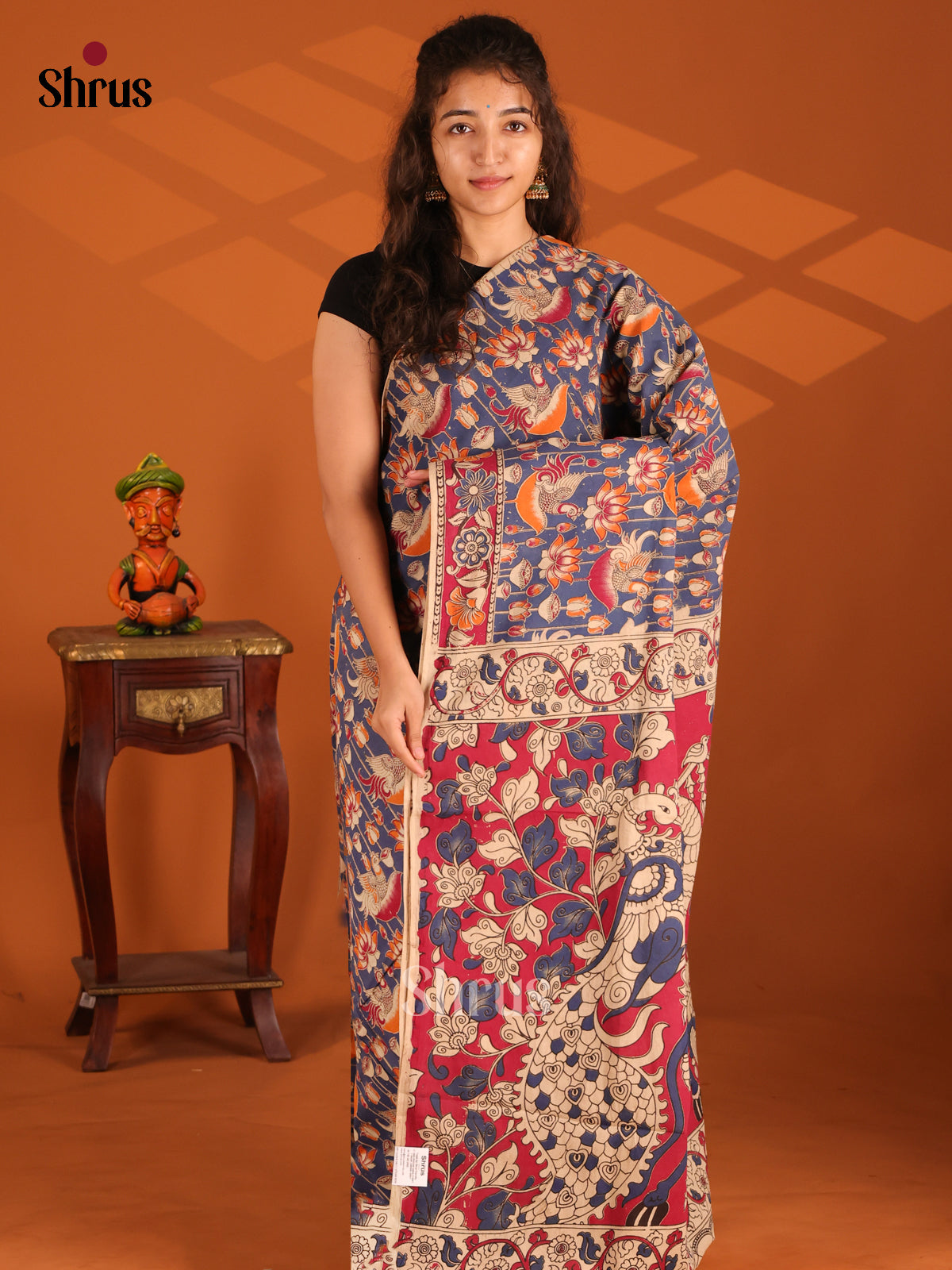 Blue & Red - Kalamkari cotton saree - Shop on Shrus.com