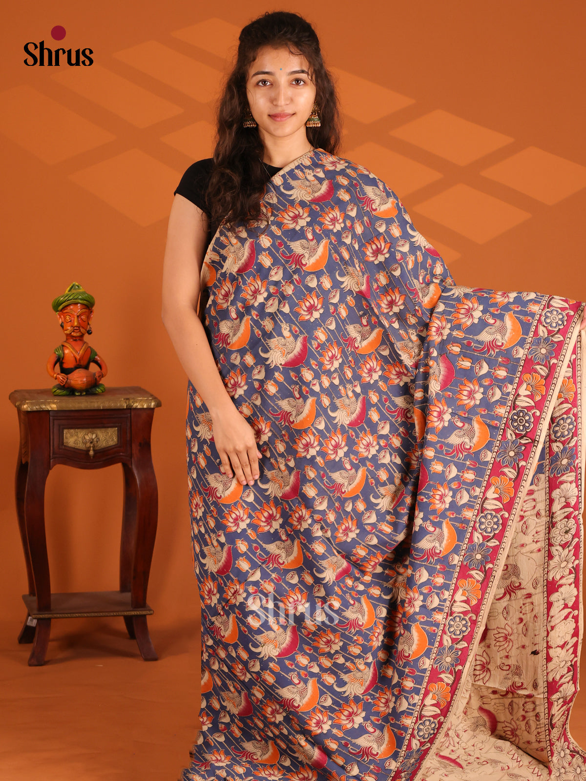 Blue & Red - Kalamkari cotton saree - Shop on Shrus.com