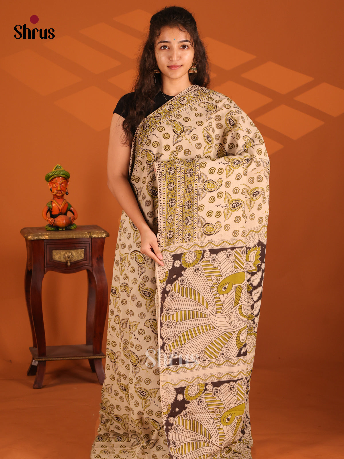 Cream & Green - Kalamkari cotton saree - Shop on Shrus.com