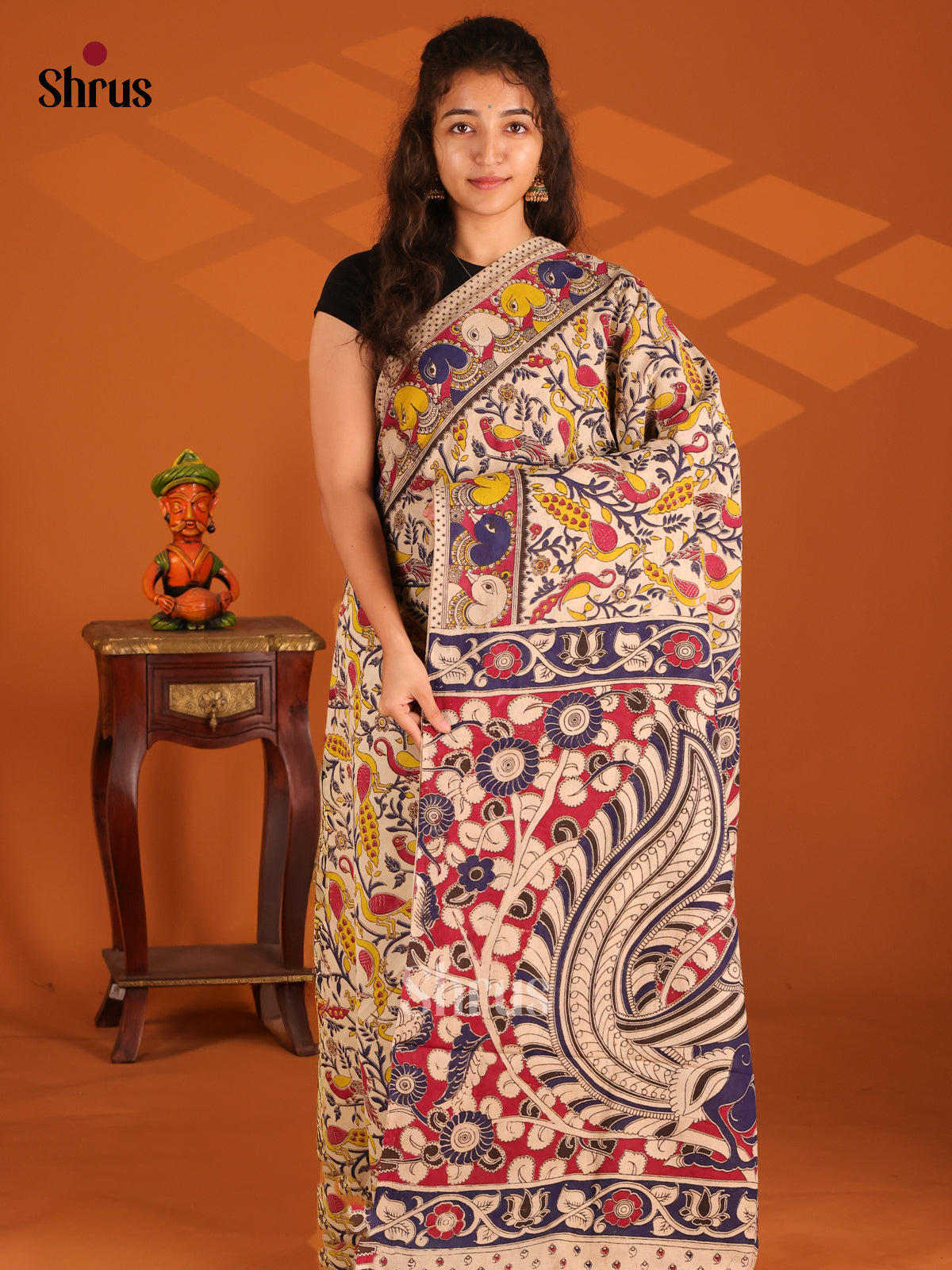 Cream & Red - Kalamkari cotton saree - Shop on Shrus.com