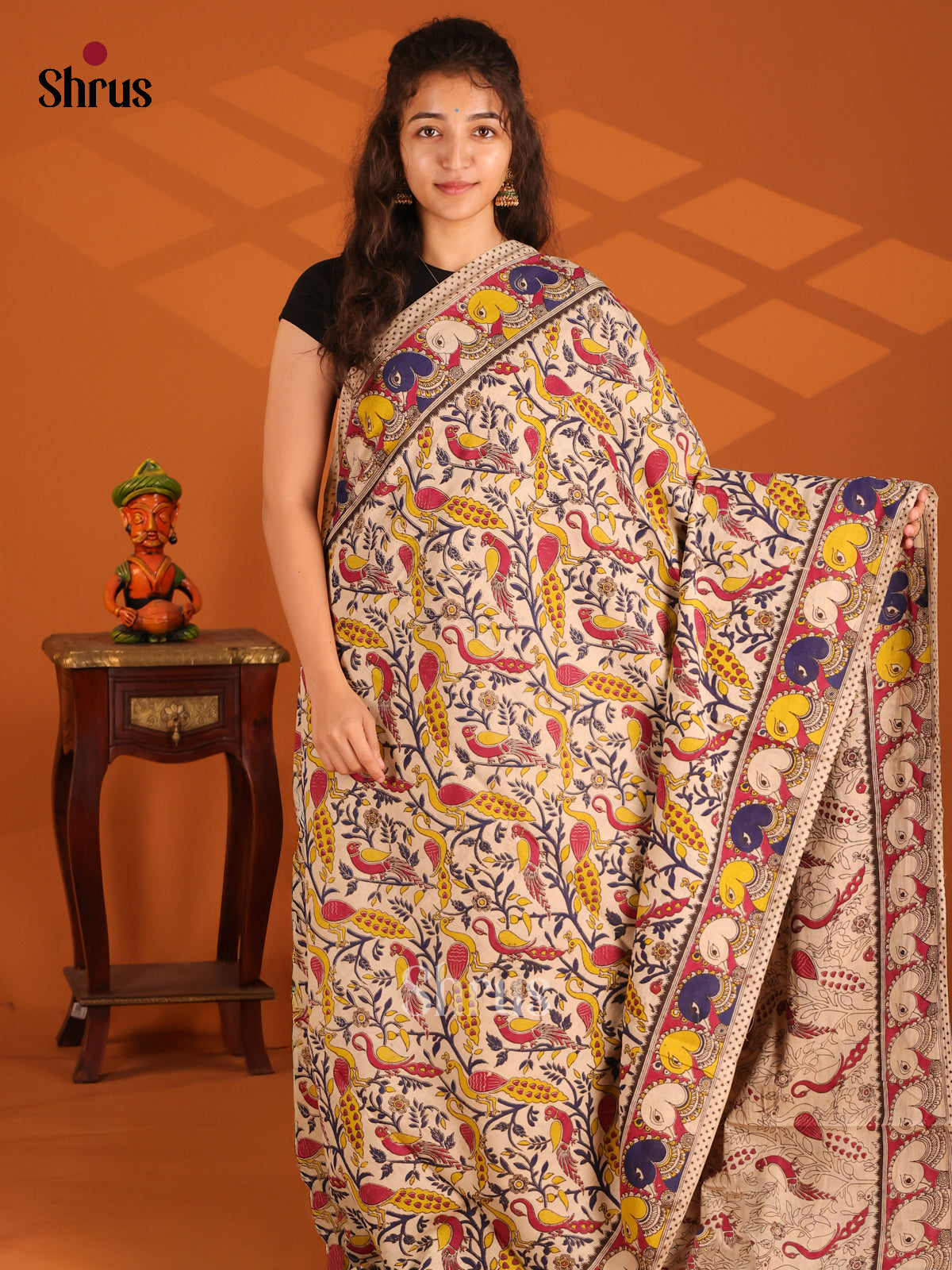 Cream & Red - Kalamkari cotton saree - Shop on Shrus.com