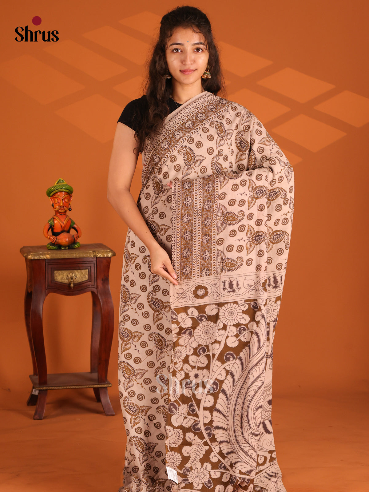 Cream & Brown - Kalamkari cotton saree - Shop on Shrus.com