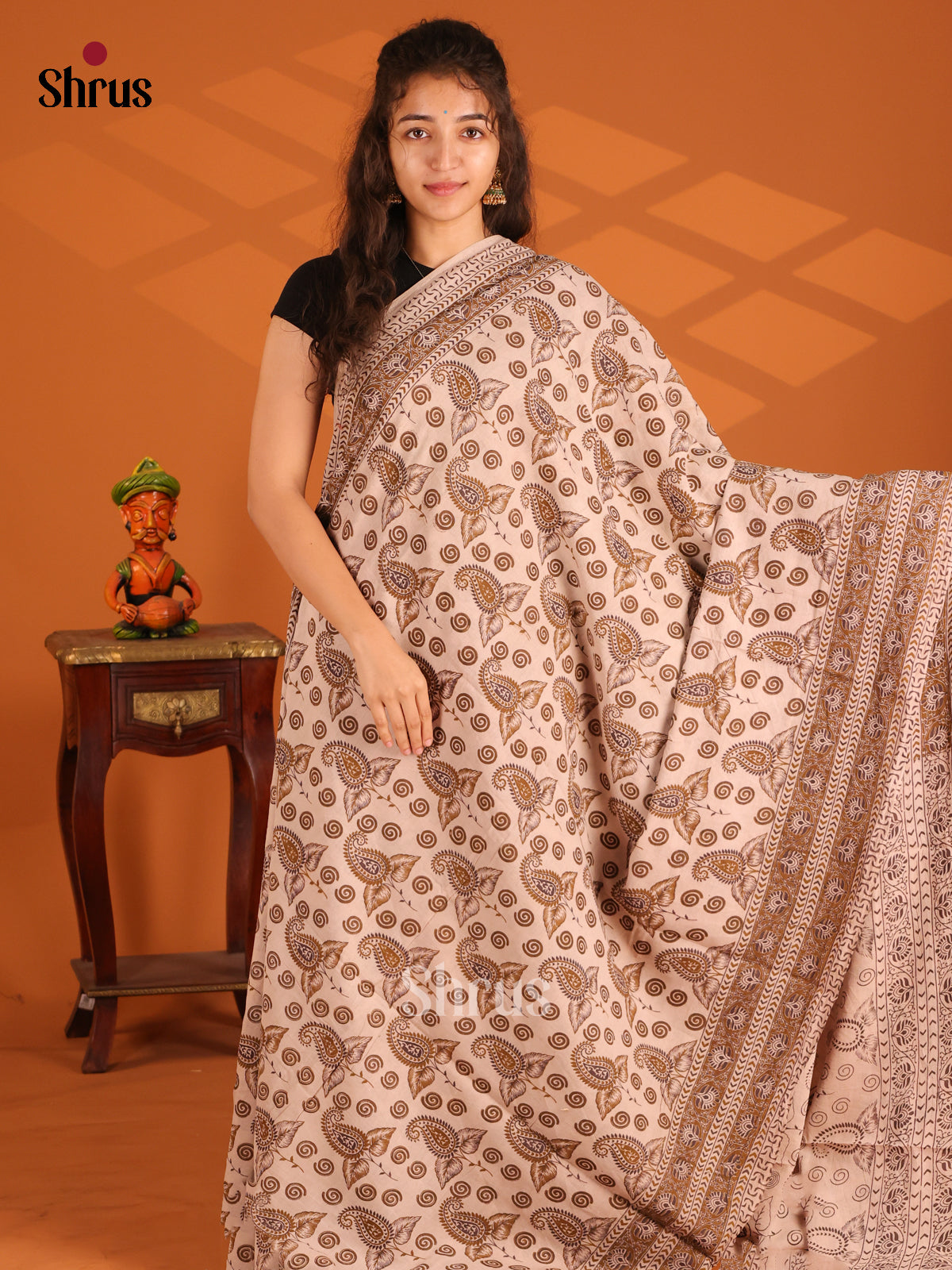 Cream & Brown - Kalamkari cotton saree - Shop on Shrus.com
