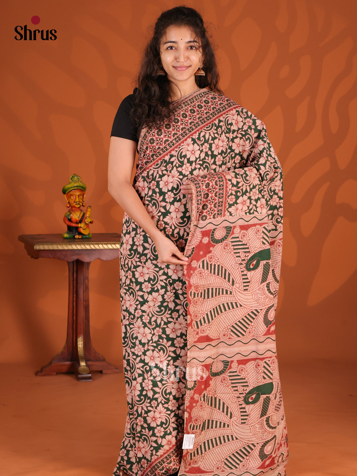 Dark Green & Red- kalamkari-cotton Saree - Shop on Shrus.com