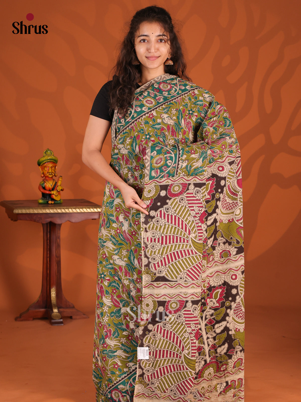 Green & Cream- kalamkari-cotton Saree - Shop on Shrus.com