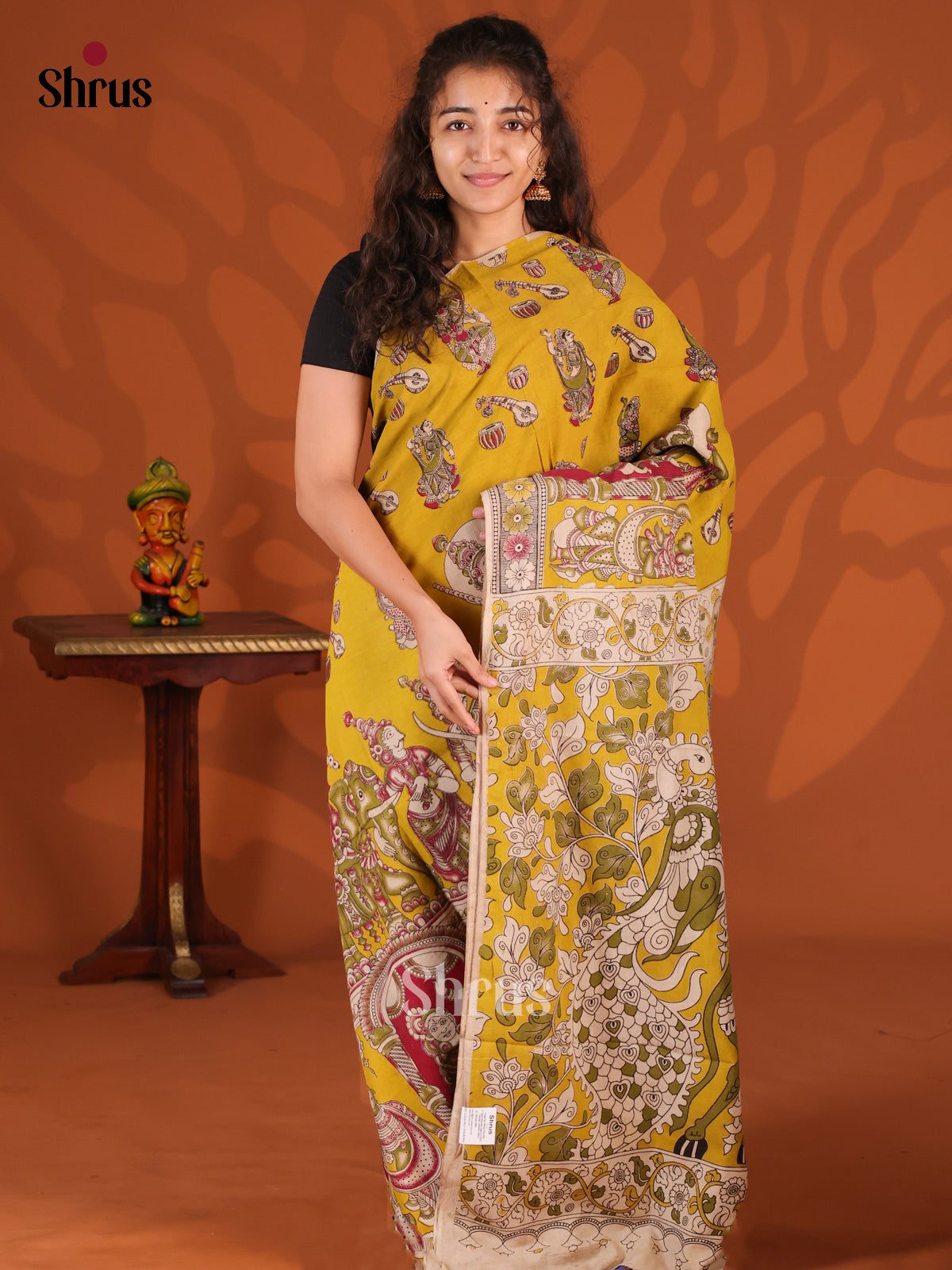 Yellow & Green- kalamkari-cotton Saree - Shop on Shrus.com