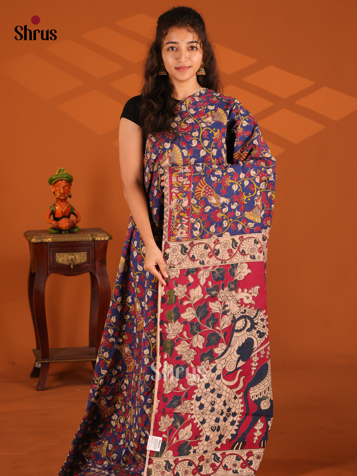 Blue & Red - Kalamkari cotton saree - Shop on Shrus.com