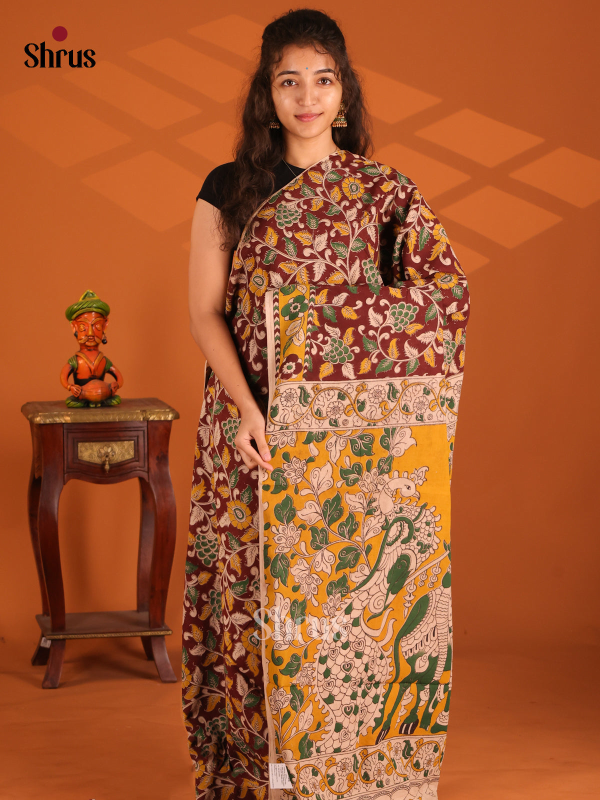 Brown & Yellow - Kalamkari cotton saree - Shop on Shrus.com