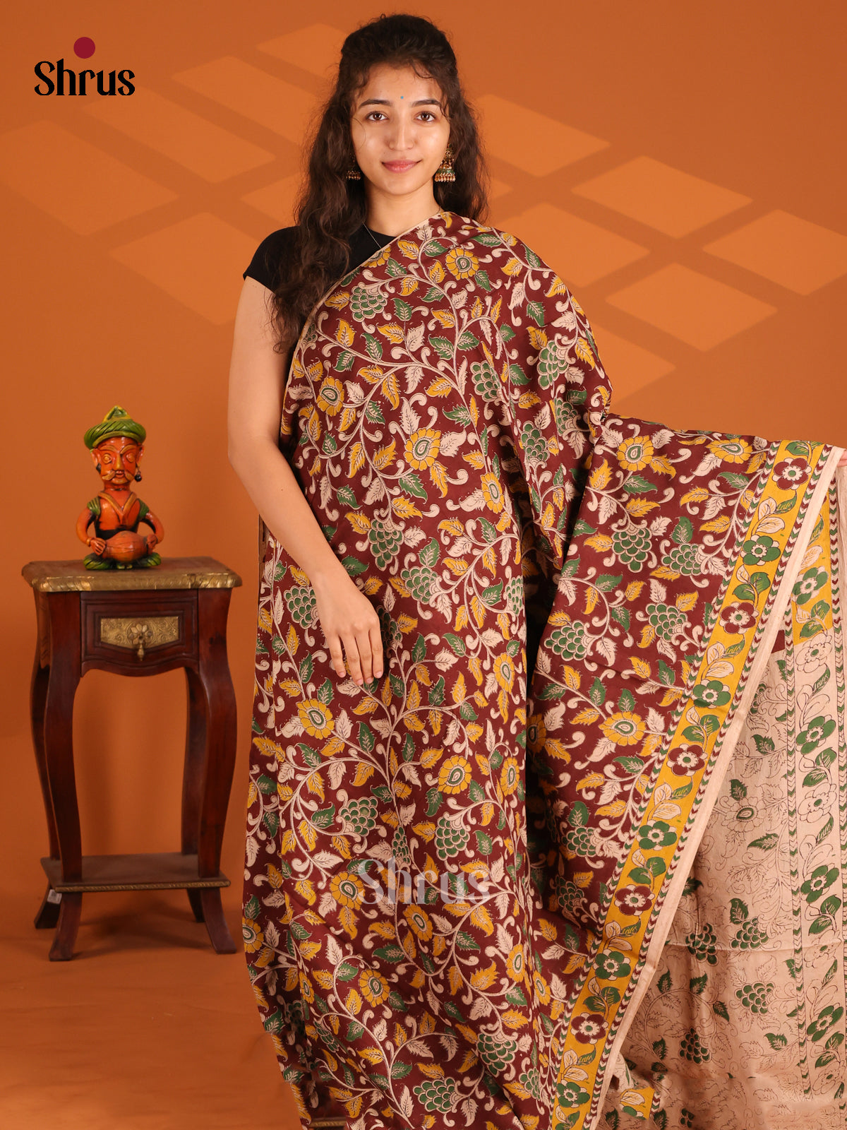 Brown & Yellow - Kalamkari cotton saree - Shop on Shrus.com