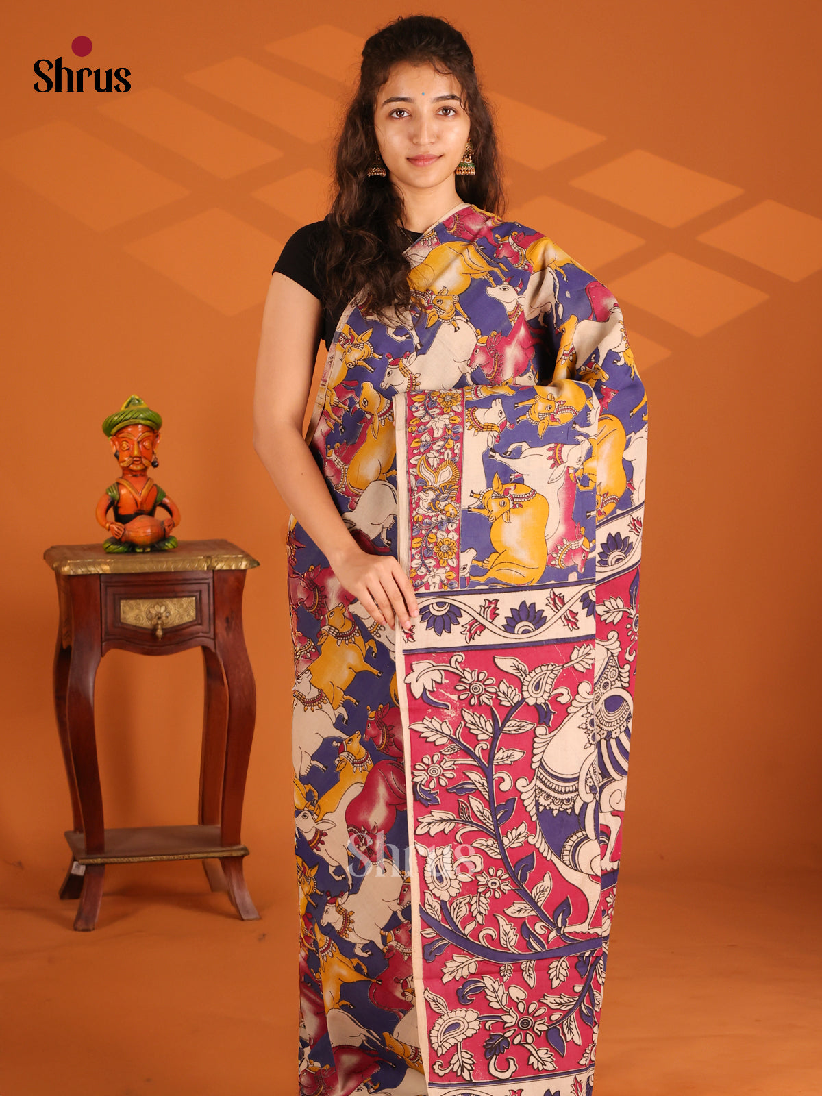 Blue & Pink - Kalamkari cotton saree - Shop on Shrus.com