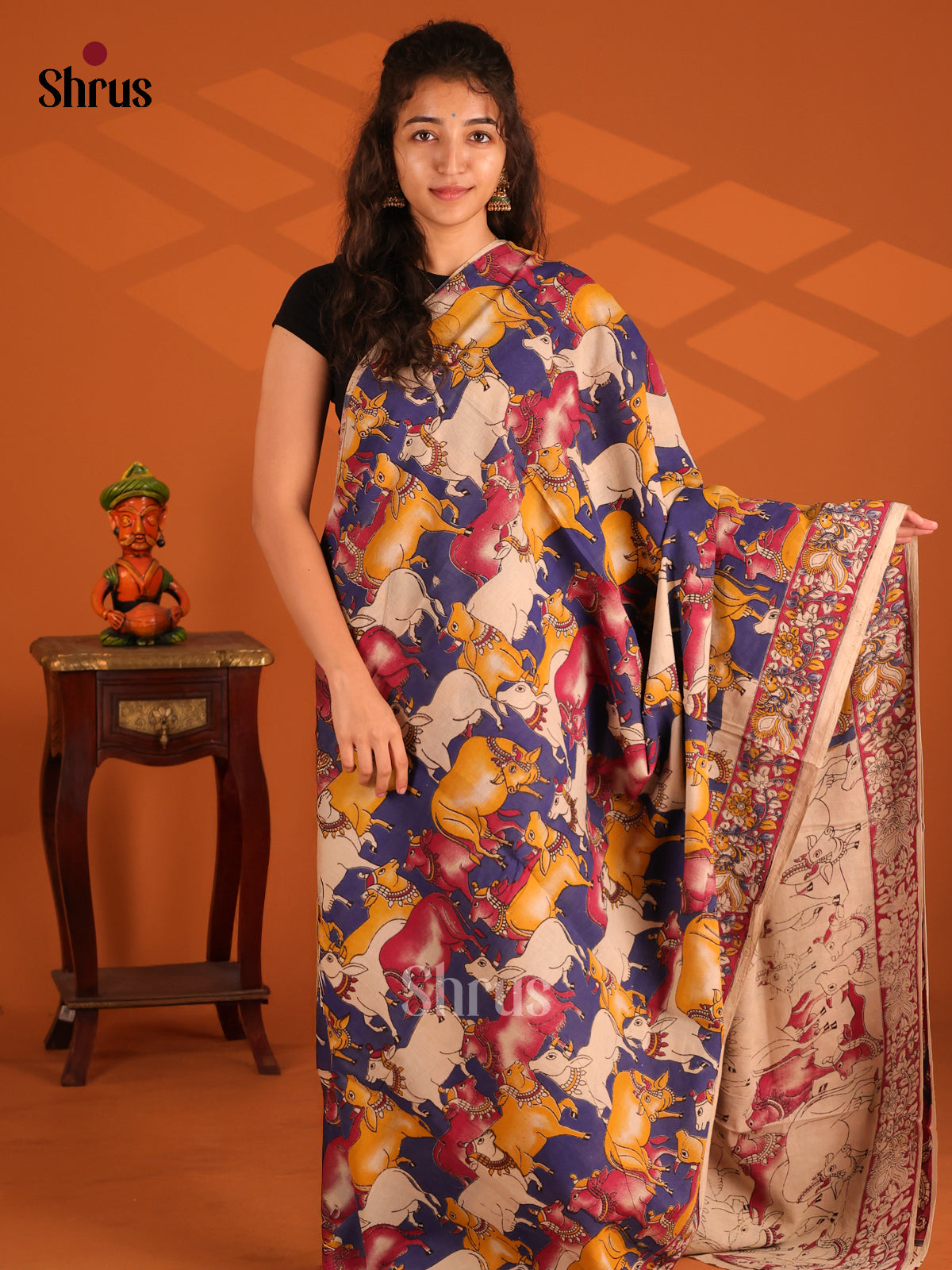 Blue & Pink - Kalamkari cotton saree - Shop on Shrus.com