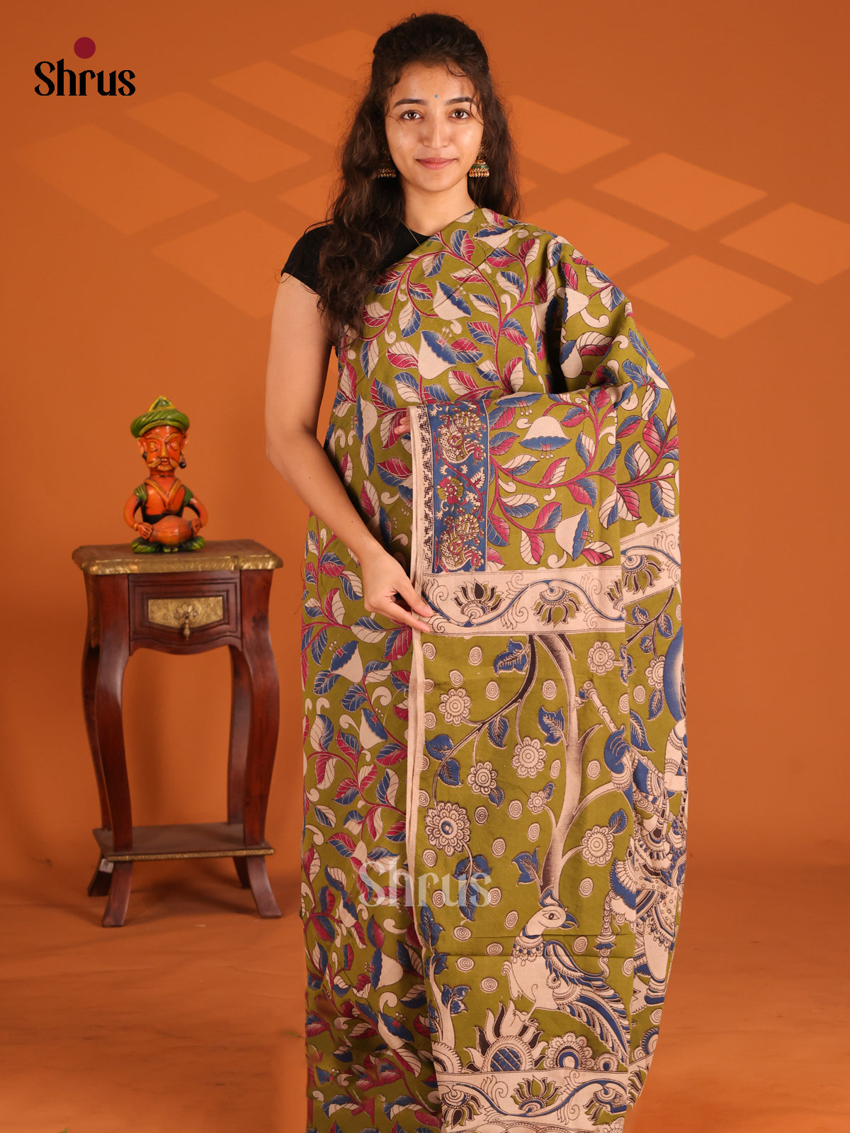 Green & Blue- Kalamkari cotton saree - Shop on Shrus.com