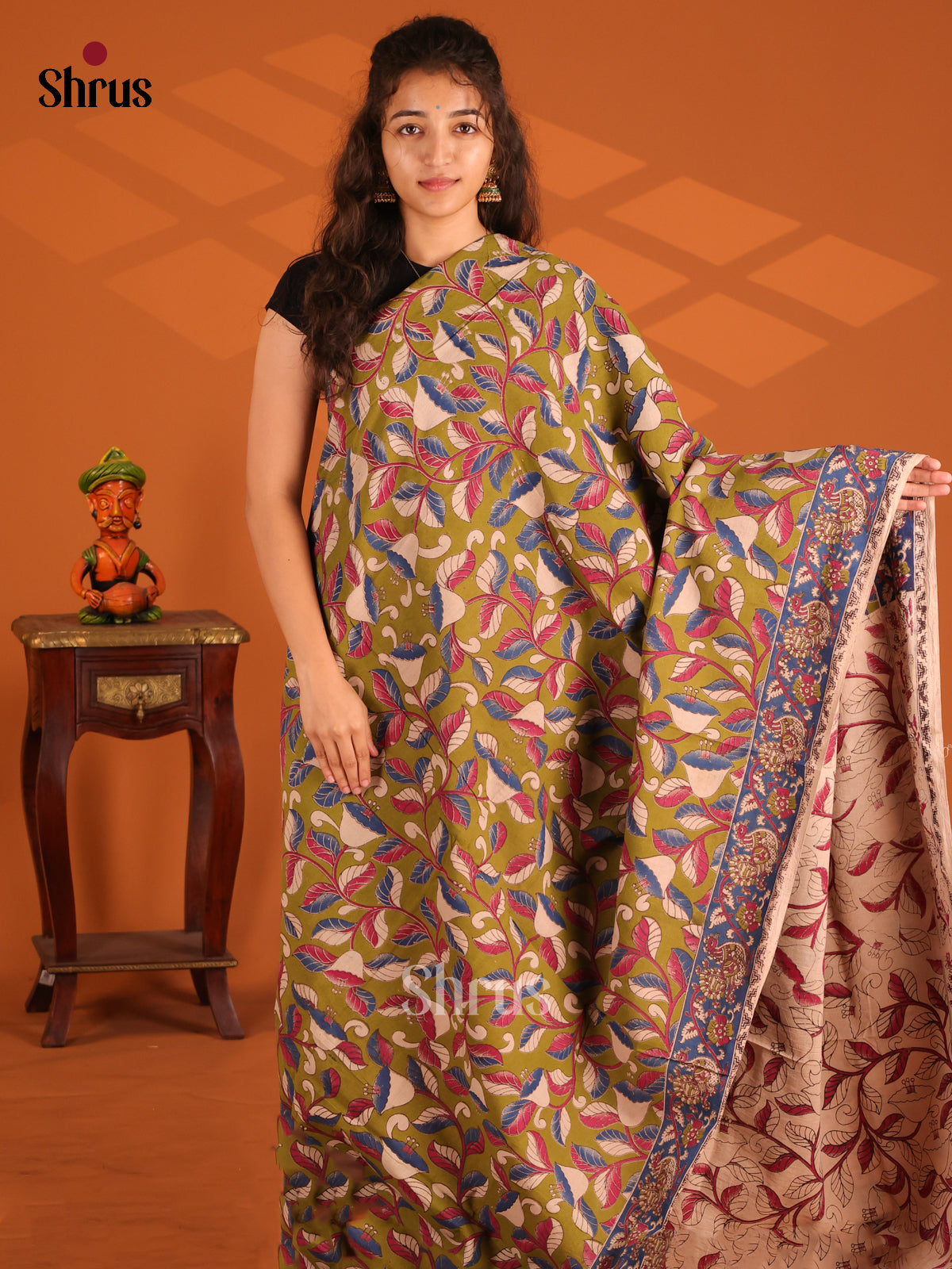 Green & Blue- Kalamkari cotton saree - Shop on Shrus.com