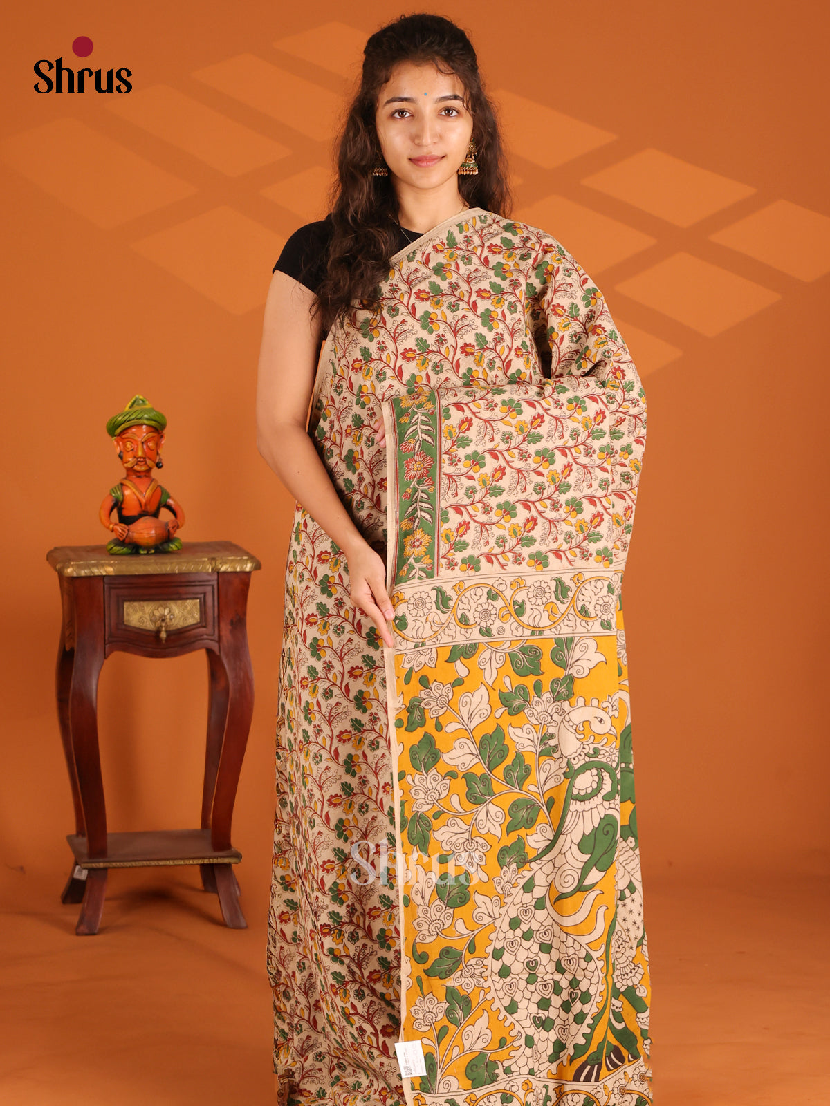 Beige & Yellow- Kalamkari cotton saree - Shop on Shrus.com