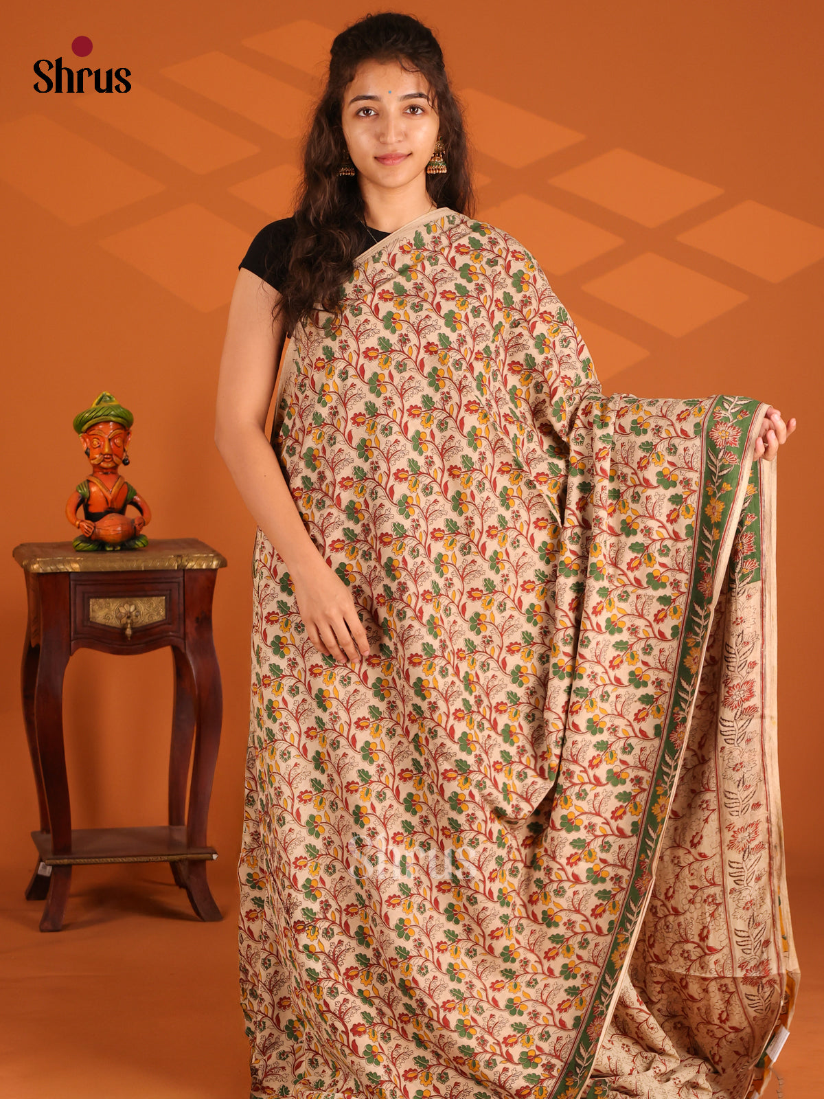 Beige & Yellow- Kalamkari cotton saree - Shop on Shrus.com