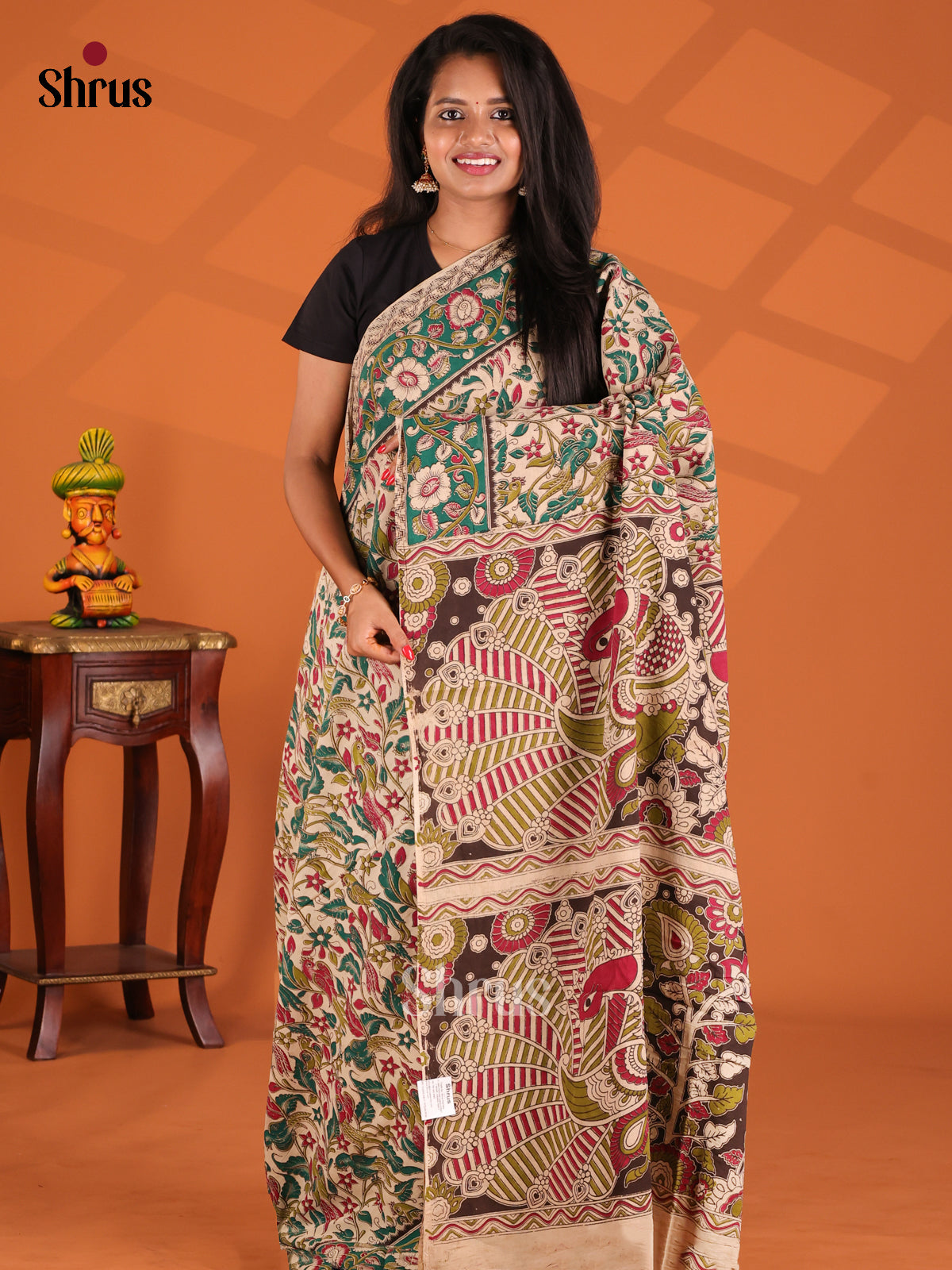 Green & Cream - kalamkari-cotton Saree - Shop on Shrus.com