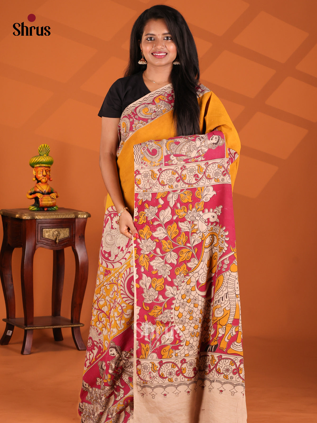 Mustard & Pink - kalamkari-cotton Saree - Shop on Shrus.com