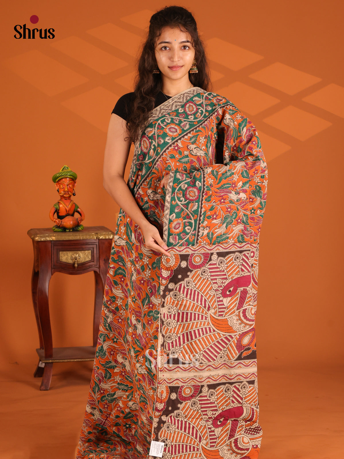 Orange with Green - Kalamkari cotton saree - Shop on Shrus.com