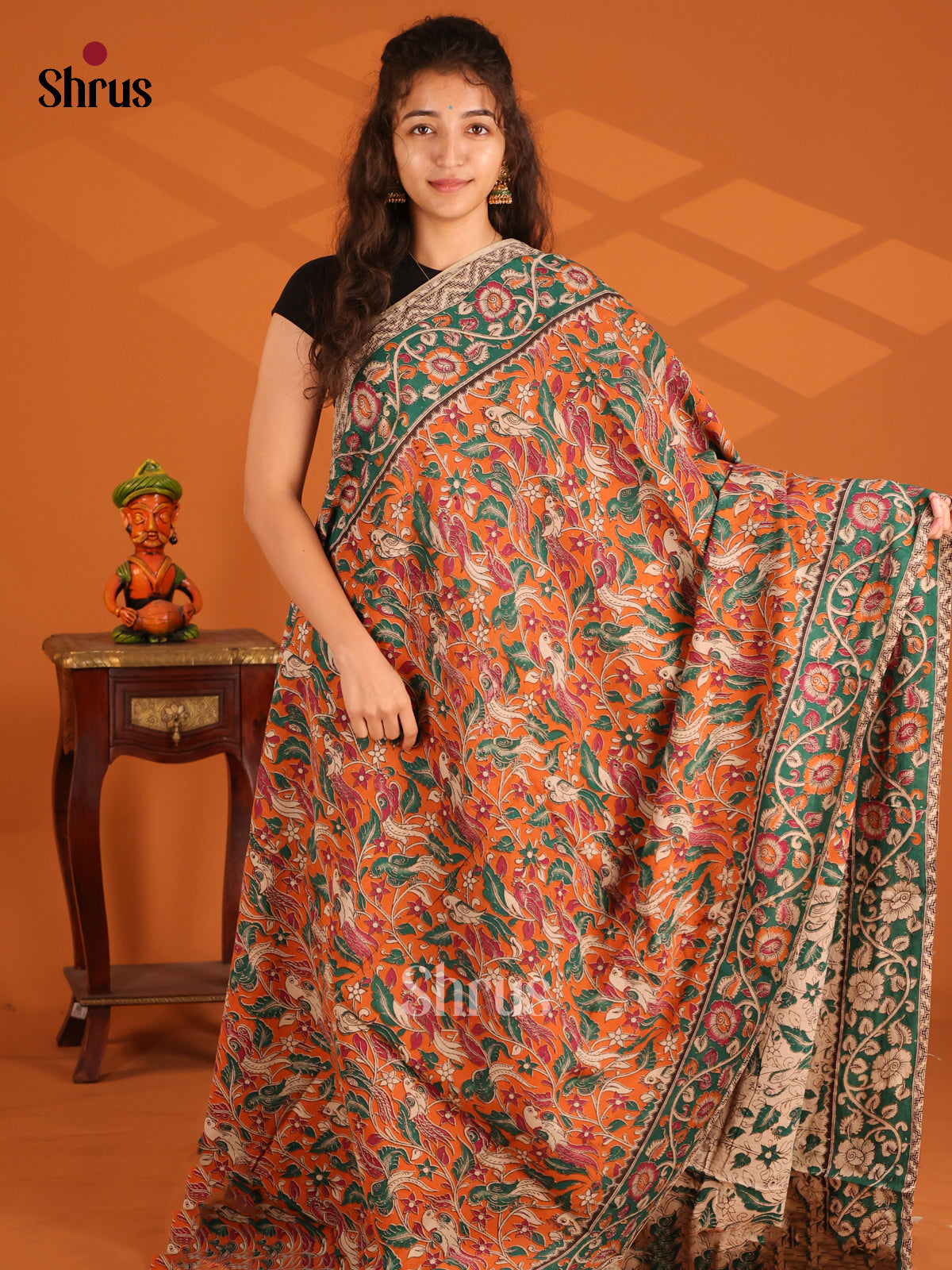 Orange with Green - Kalamkari cotton saree - Shop on Shrus.com
