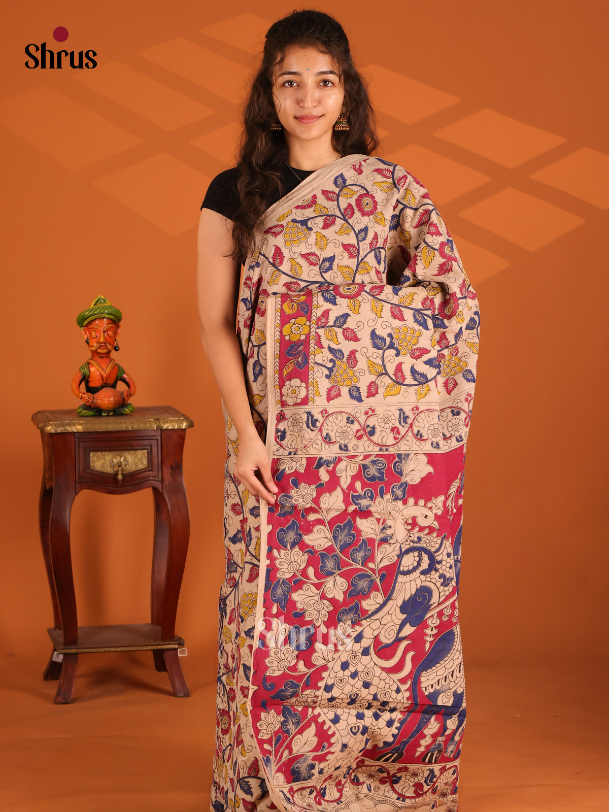Cream & Pink - Kalamkari cotton saree - Shop on Shrus.com