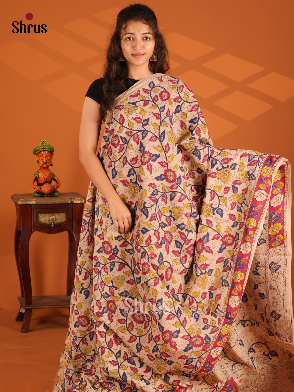 Cream & Pink - Kalamkari cotton saree - Shop on Shrus.com