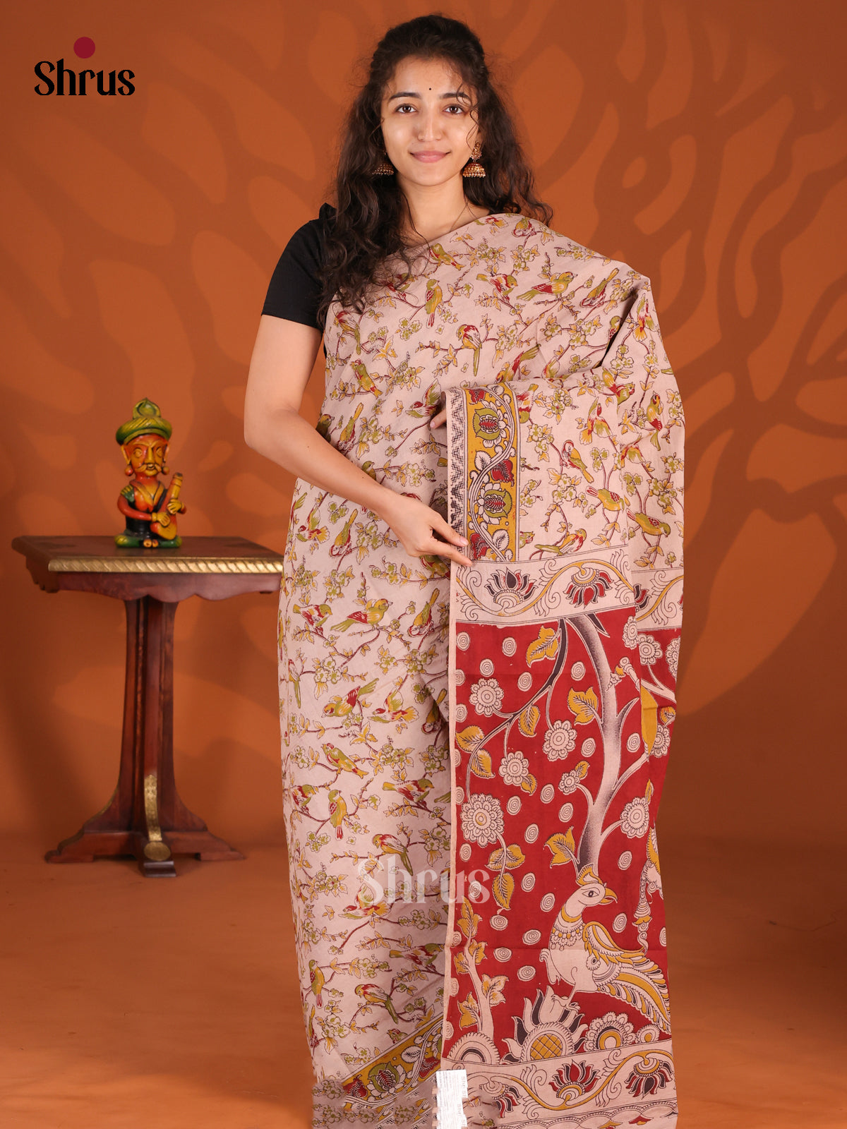 Cream & Red- kalamkari-cotton Saree - Shop on Shrus.com
