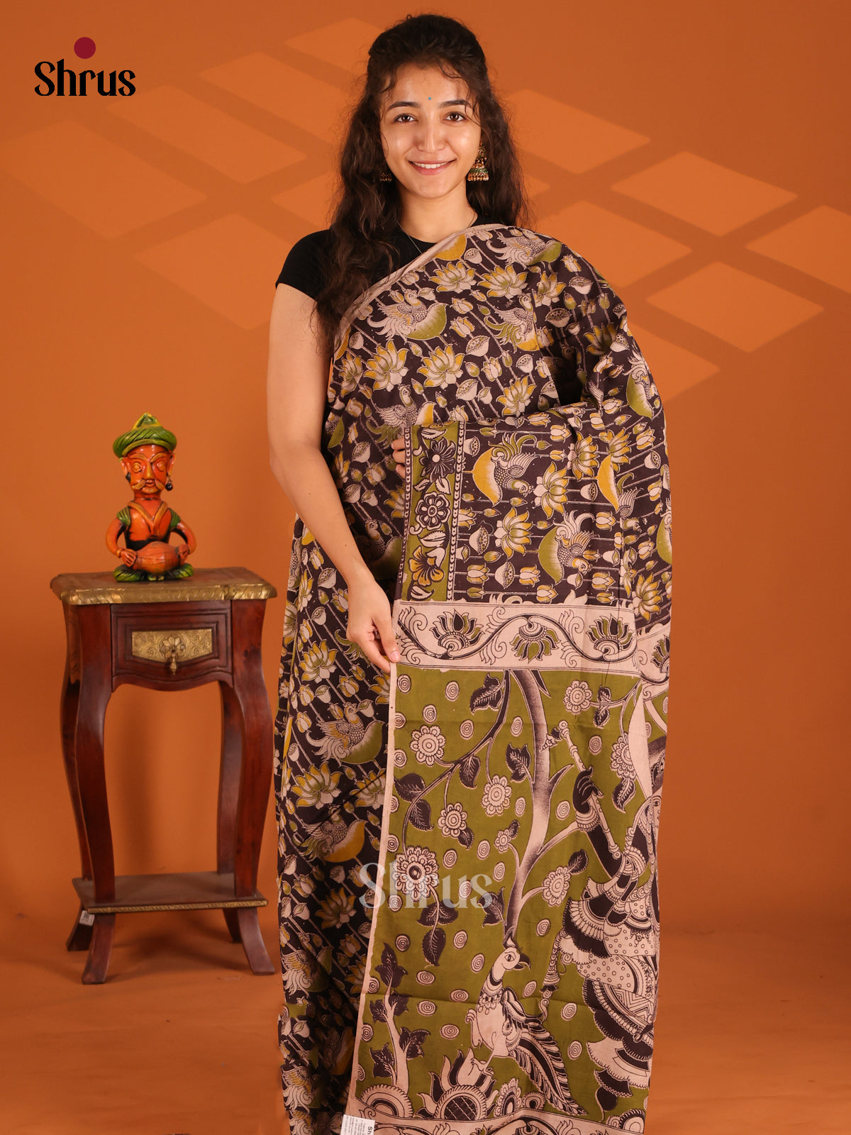 Elephant Black & Green- Kalamkari cotton saree - Shop on Shrus.com