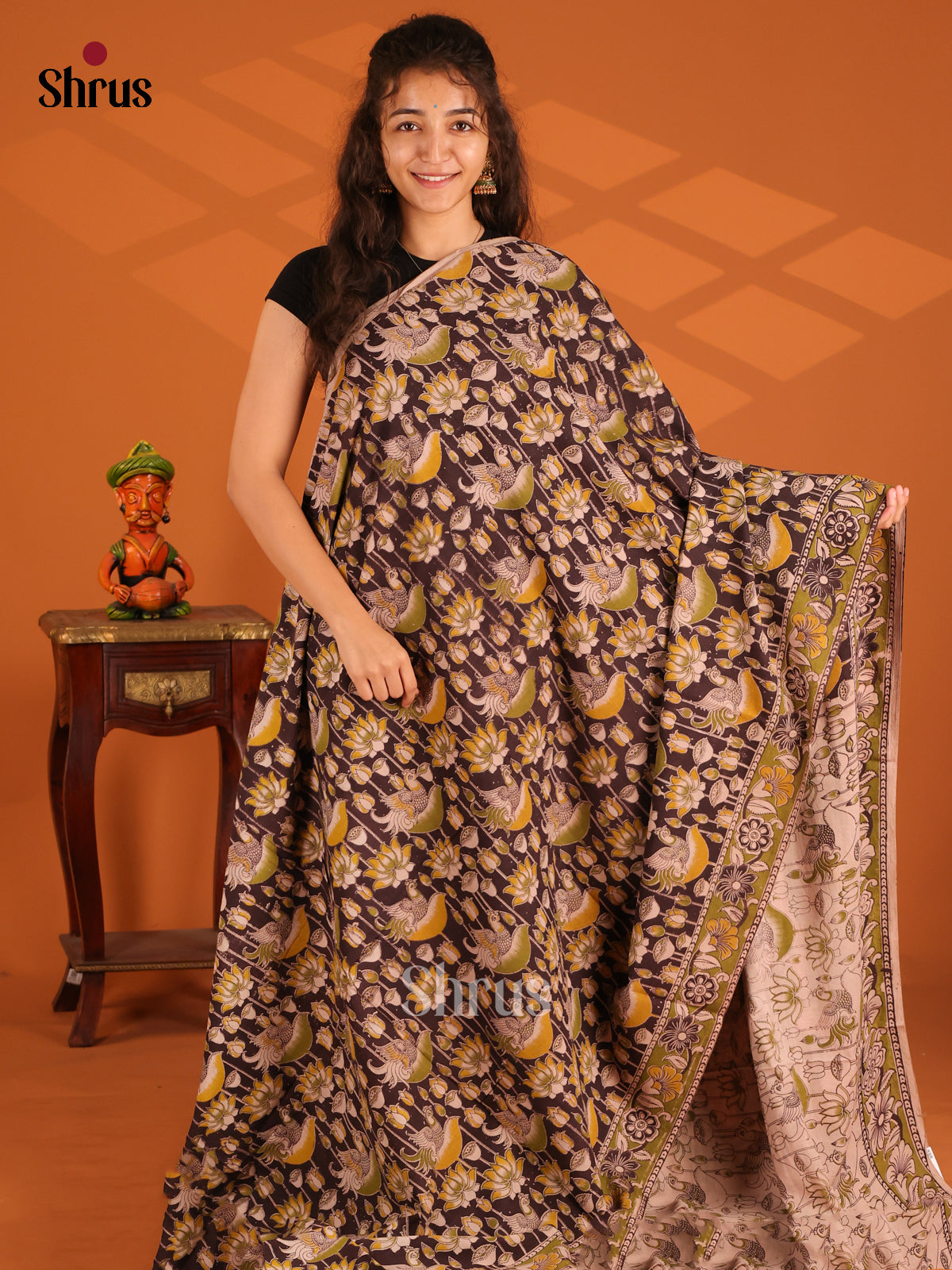 Elephant Black & Green- Kalamkari cotton saree - Shop on Shrus.com