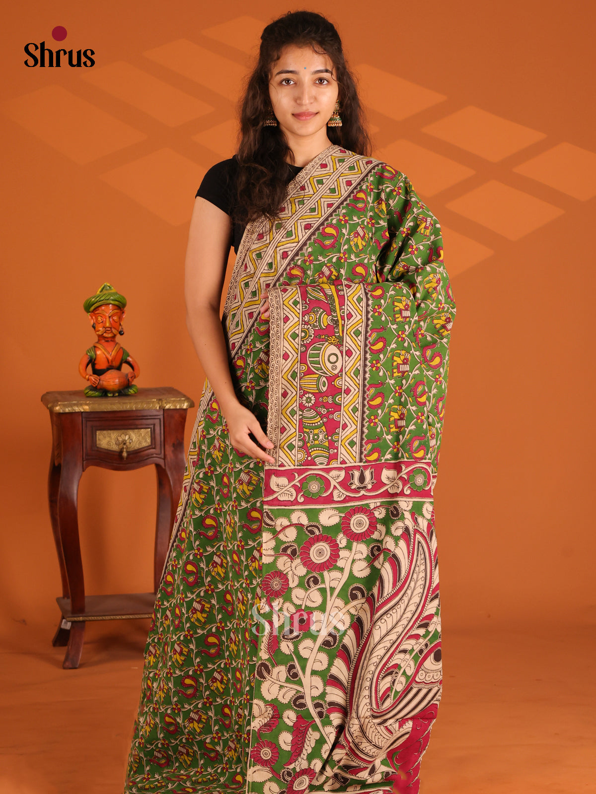 Green & Red - Kalamkari cotton saree - Shop on Shrus.com